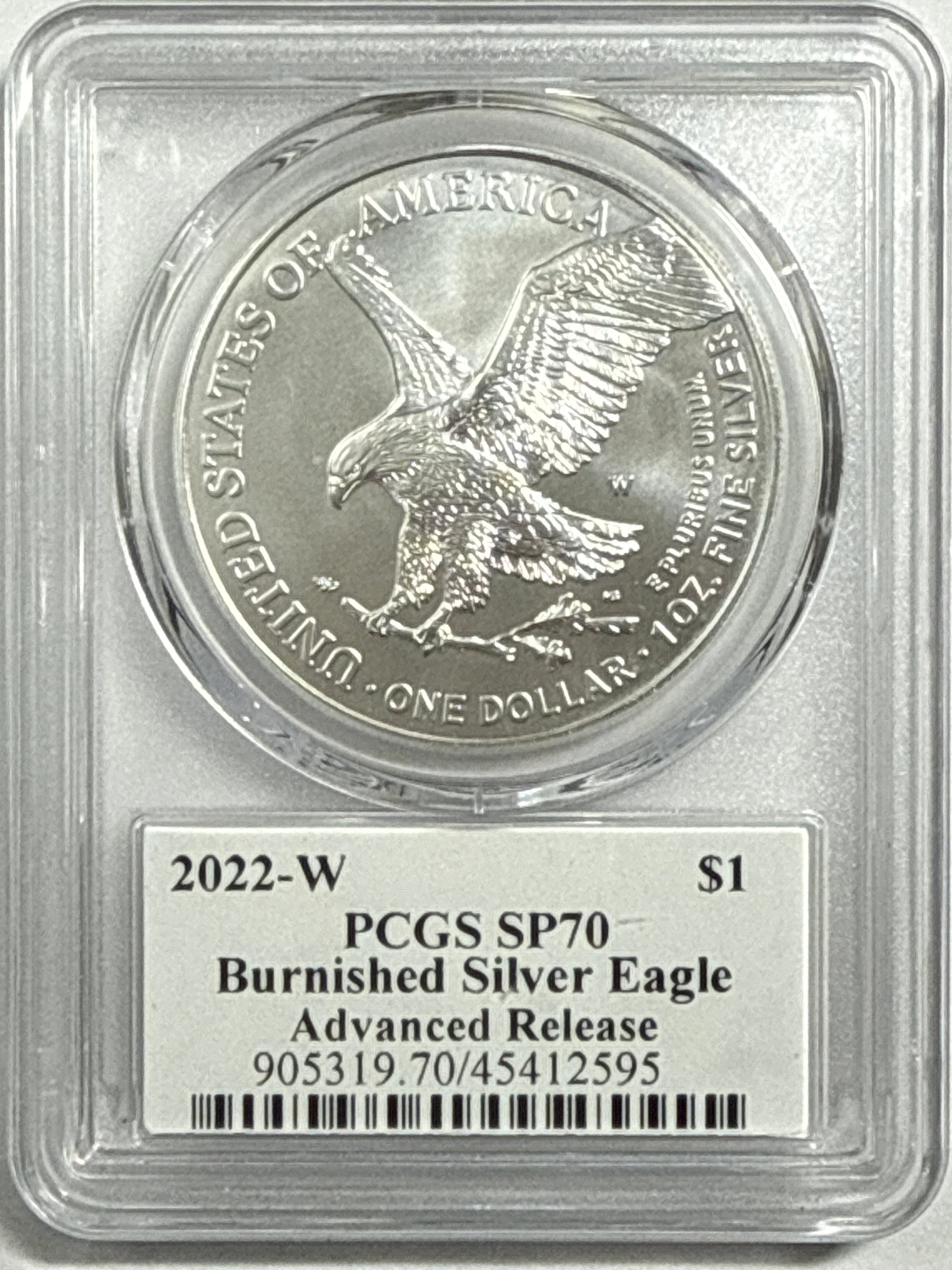 2022-W Burnished American Silver Eagle PCGS SP70 Advanced Release Emily Damstra