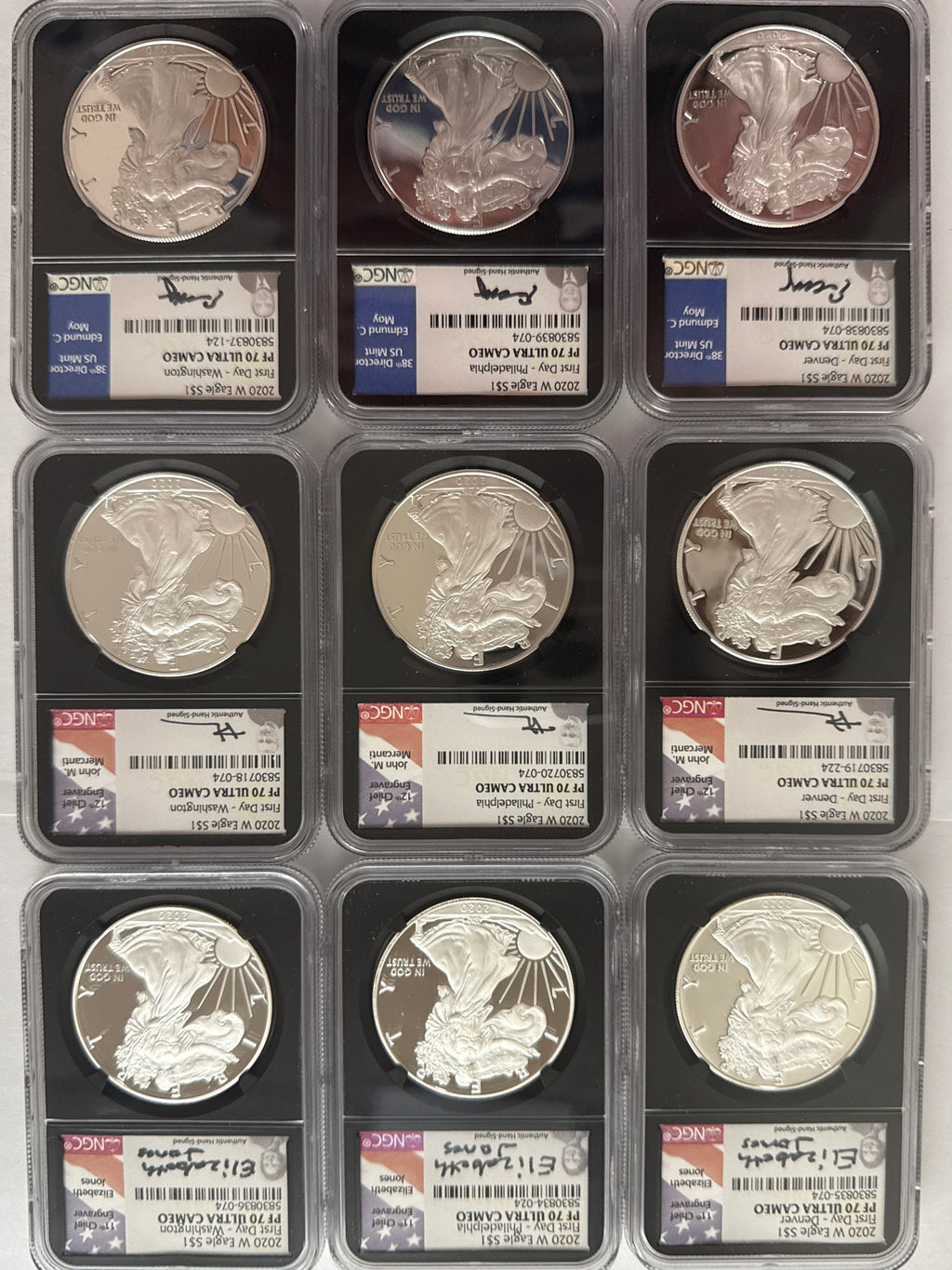 2020-W American Silver Eagle 9 Piece Set NGC PF70 UCAM First Day - Denver/Philadelphia/Washington Mercanti/Moy/Jones