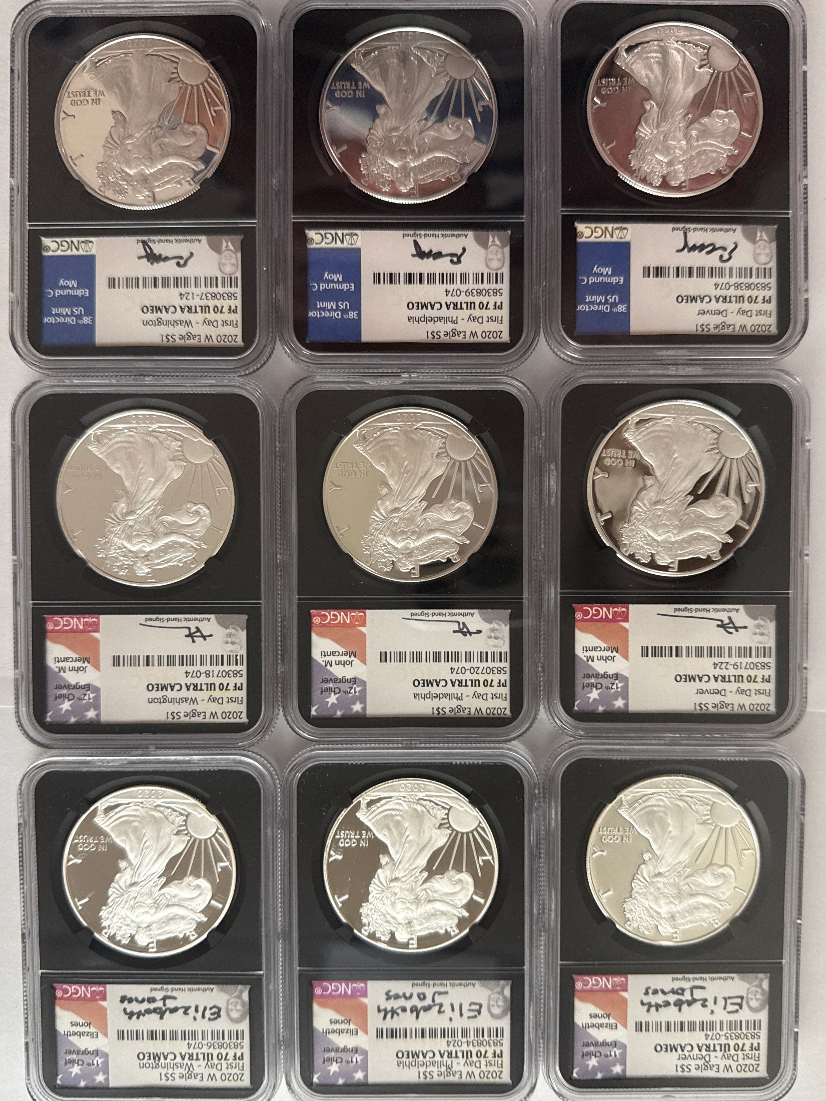 2020-W American Silver Eagle 9 Piece Set NGC PF70 UCAM First Day - Denver/Philadelphia/Washington Mercanti/Moy/Jones