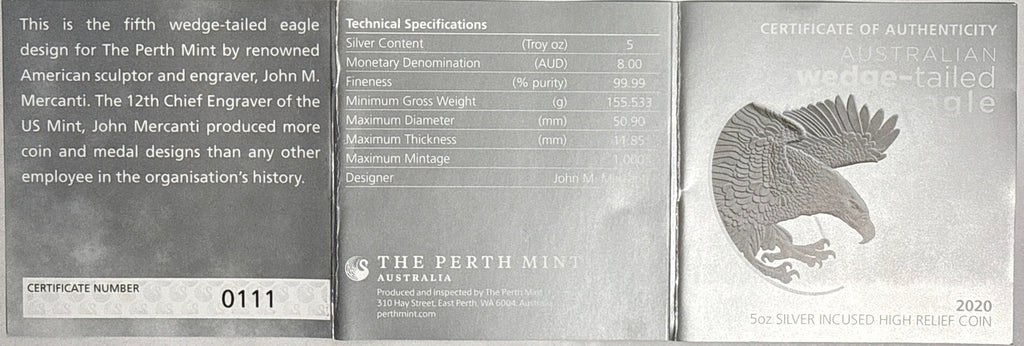 2020P Australia 5 oz $8 Silver Wedge-Tailed Eagle-Incluse NGC High Relief-Incluse PF70 UCAM  Mercanti