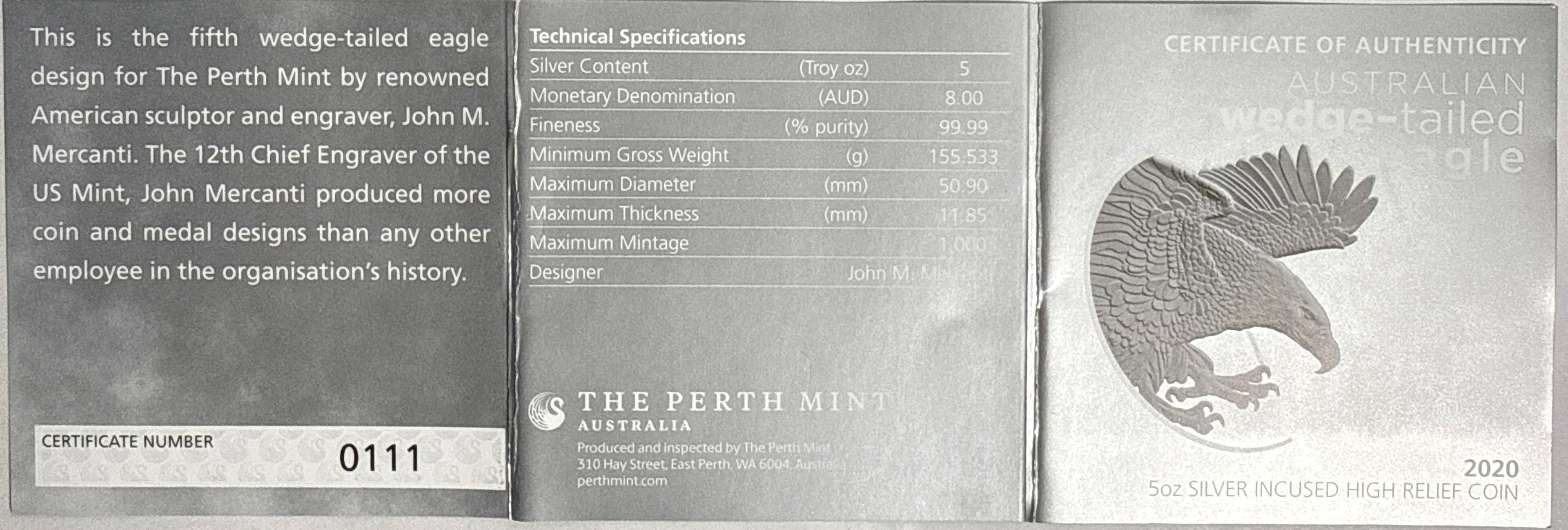 2020P Australia 5 oz $8 Silver Wedge-Tailed Eagle-Incluse NGC High Relief-Incluse PF70 UCAM  Mercanti