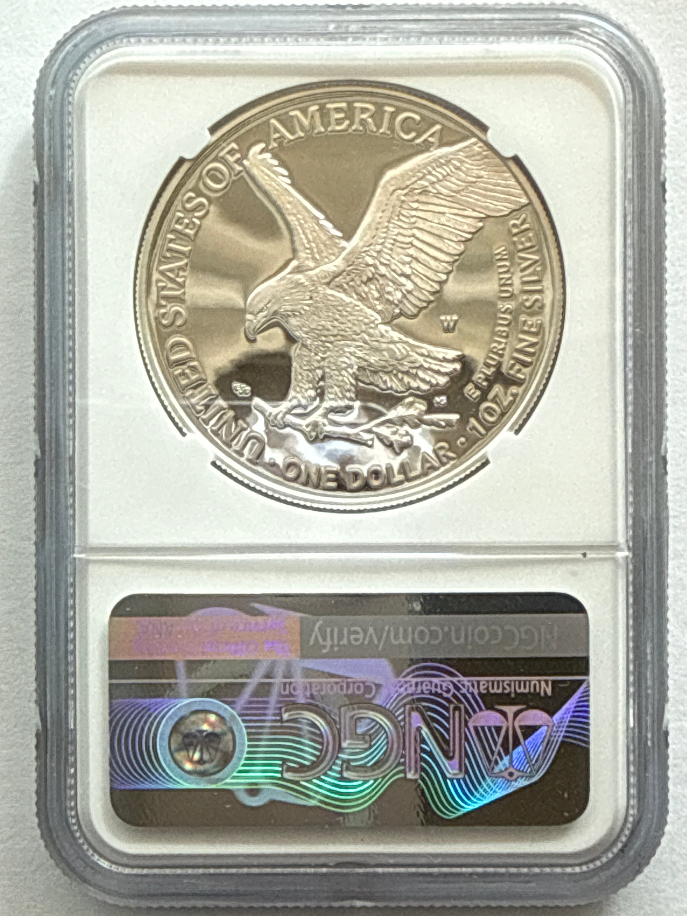 2021-W American Silver Eagle NGC 1 oz PF70 UCAM Advance Release Eagle Landing T-2 M. Gaudioso Art Label