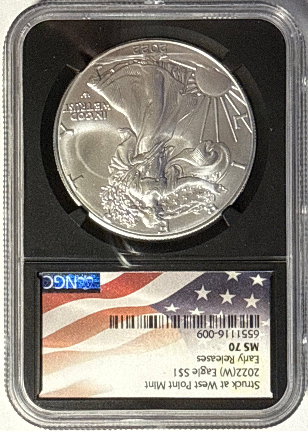 2022-W American Silver Eagle $1 NGC ER MS70 Flag Label Black Core