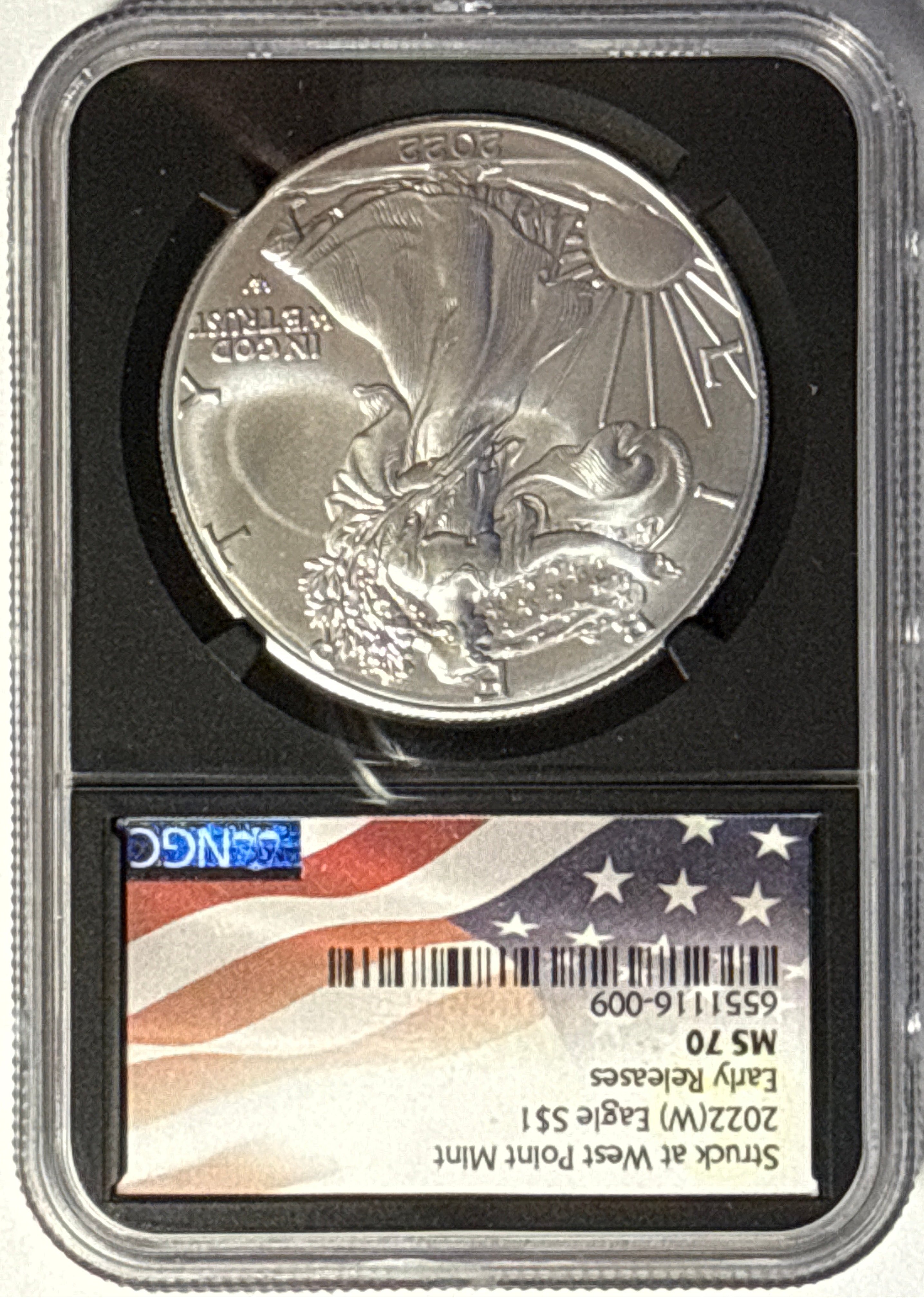2022-W American Silver Eagle $1 NGC ER MS70 Flag Label Black Core
