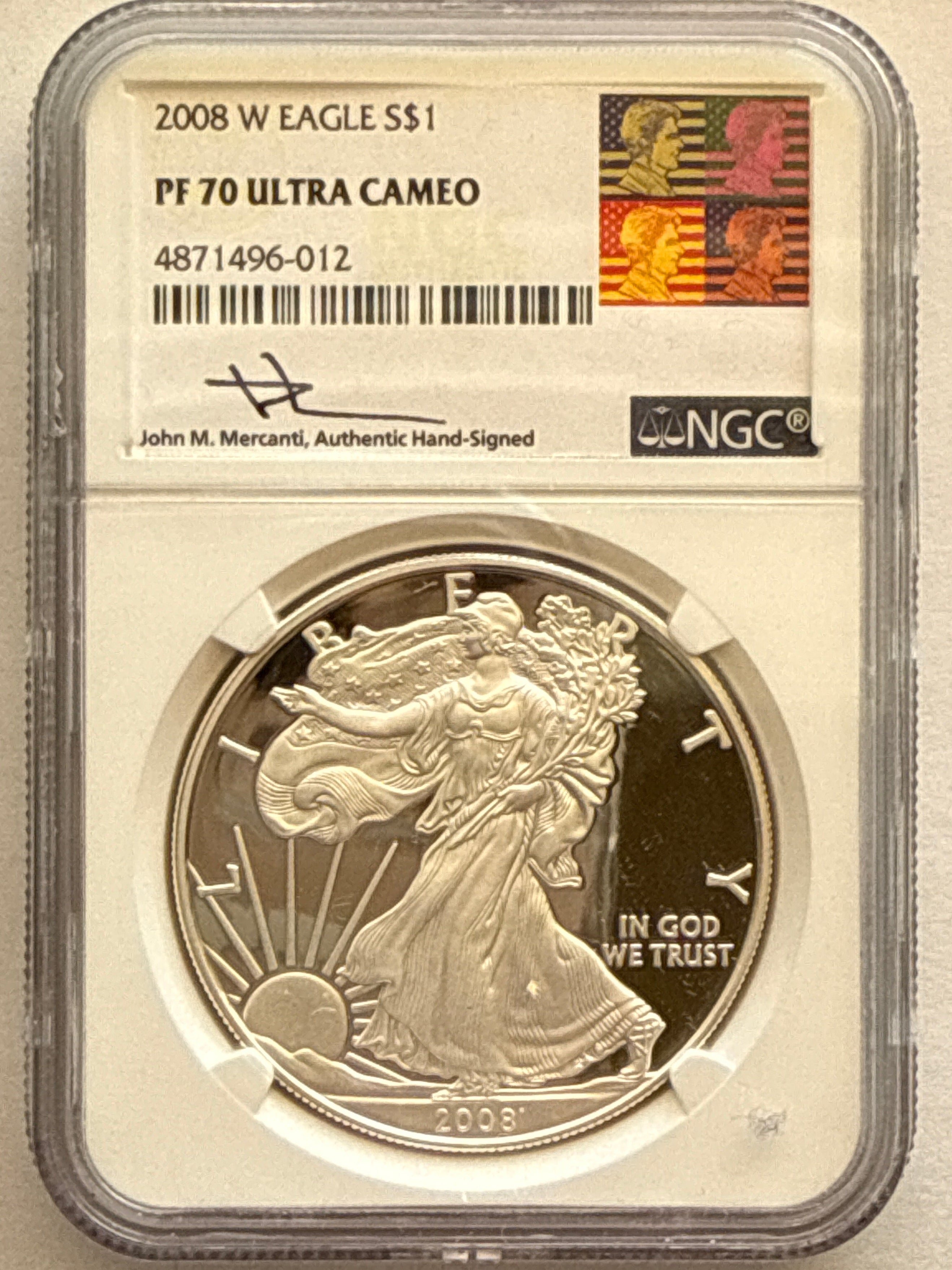 2008-W American Silver Eagle NGC 1 oz PF70 UCAM  J. M. Mercanti hand signed pop #12 Art Label