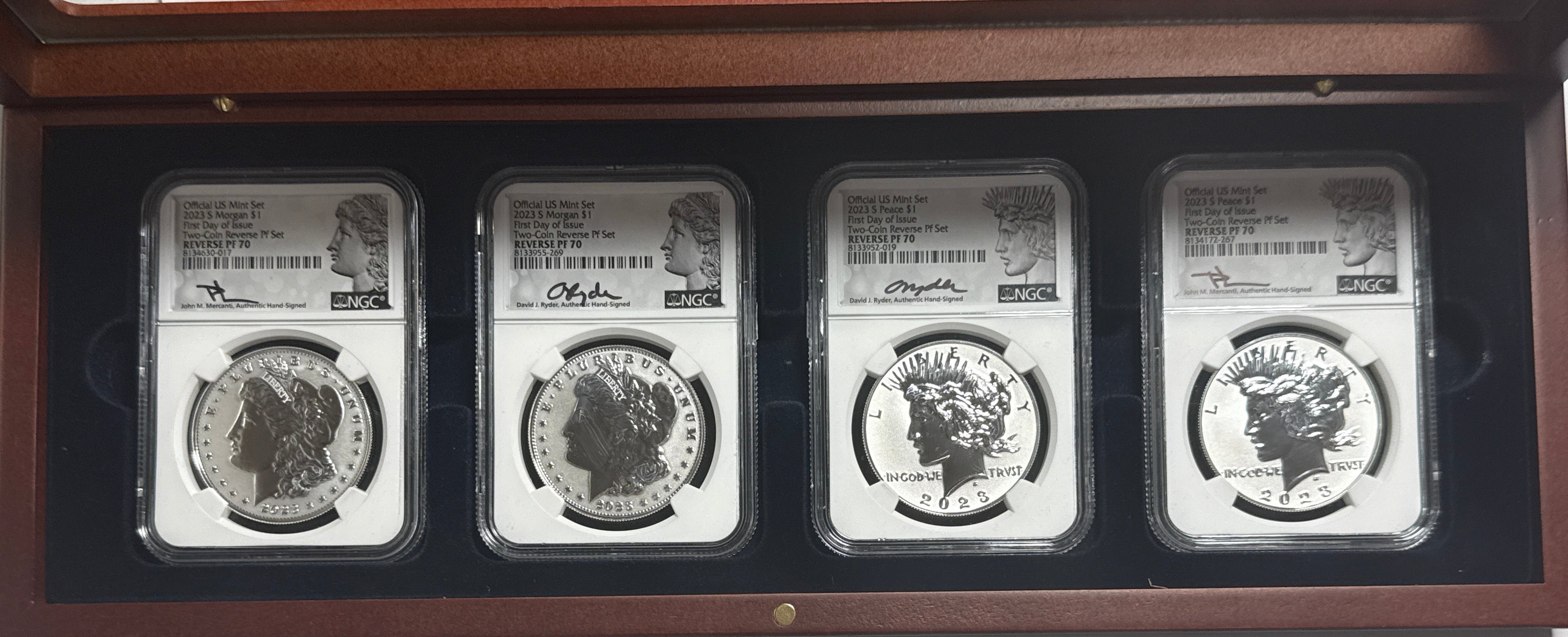 2023-S Morgan/Peace Silver Dollar 4 piece Official US Mint Set NGC FDOI Two-Coin Reverse PF Set Reverse PF70 Mercanti/Ryder Hand Signed with Displaty Box