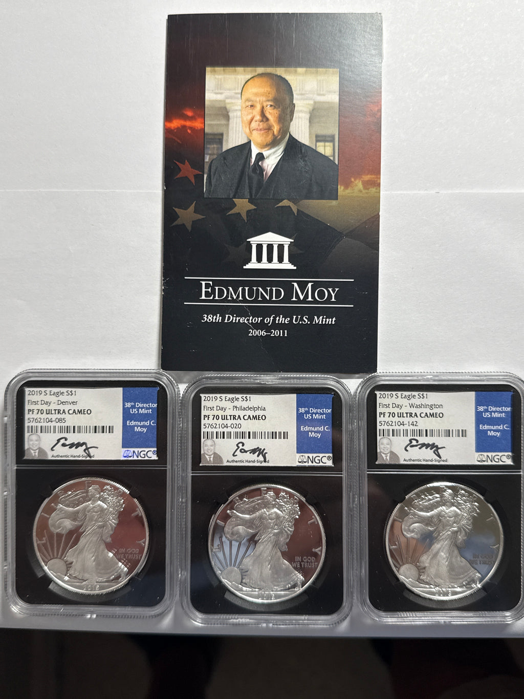 2019-S Ameican Silver Eagle 3 Piece Set NGC PF70 UCAM First Day - Denver/Philadelphia/Washington Edmund Moy Hand Signed