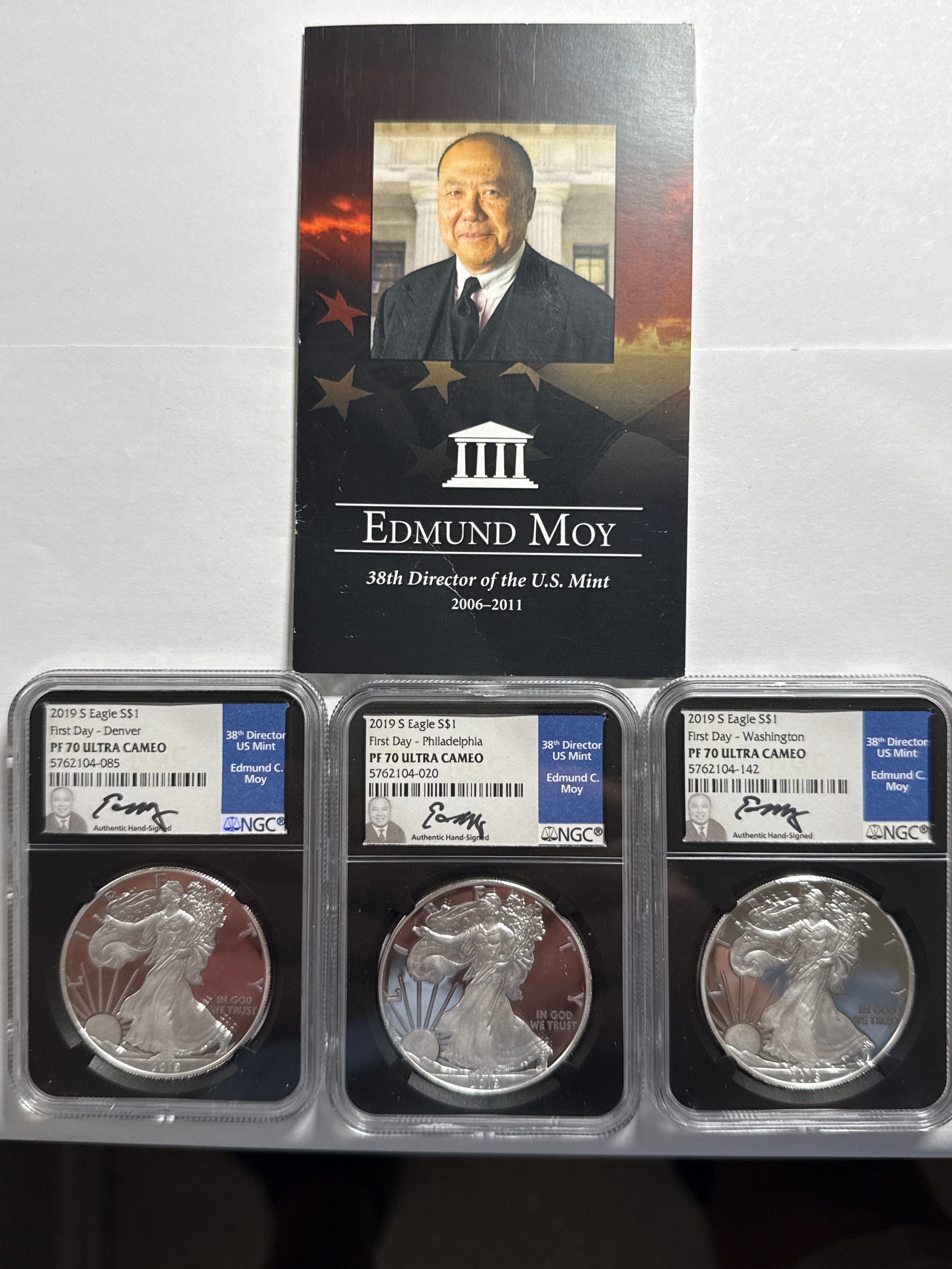 2019-S Ameican Silver Eagle 3 Piece Set NGC PF70 UCAM First Day - Denver/Philadelphia/Washington Edmund Moy Hand Signed
