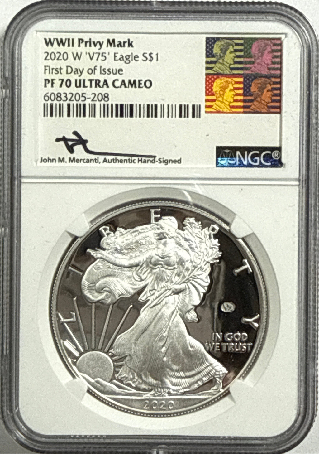 2020-W V75 American Silver Eagle WWII Privy Mark NGC PF70 UCAM FDOI Art Label Mercanti