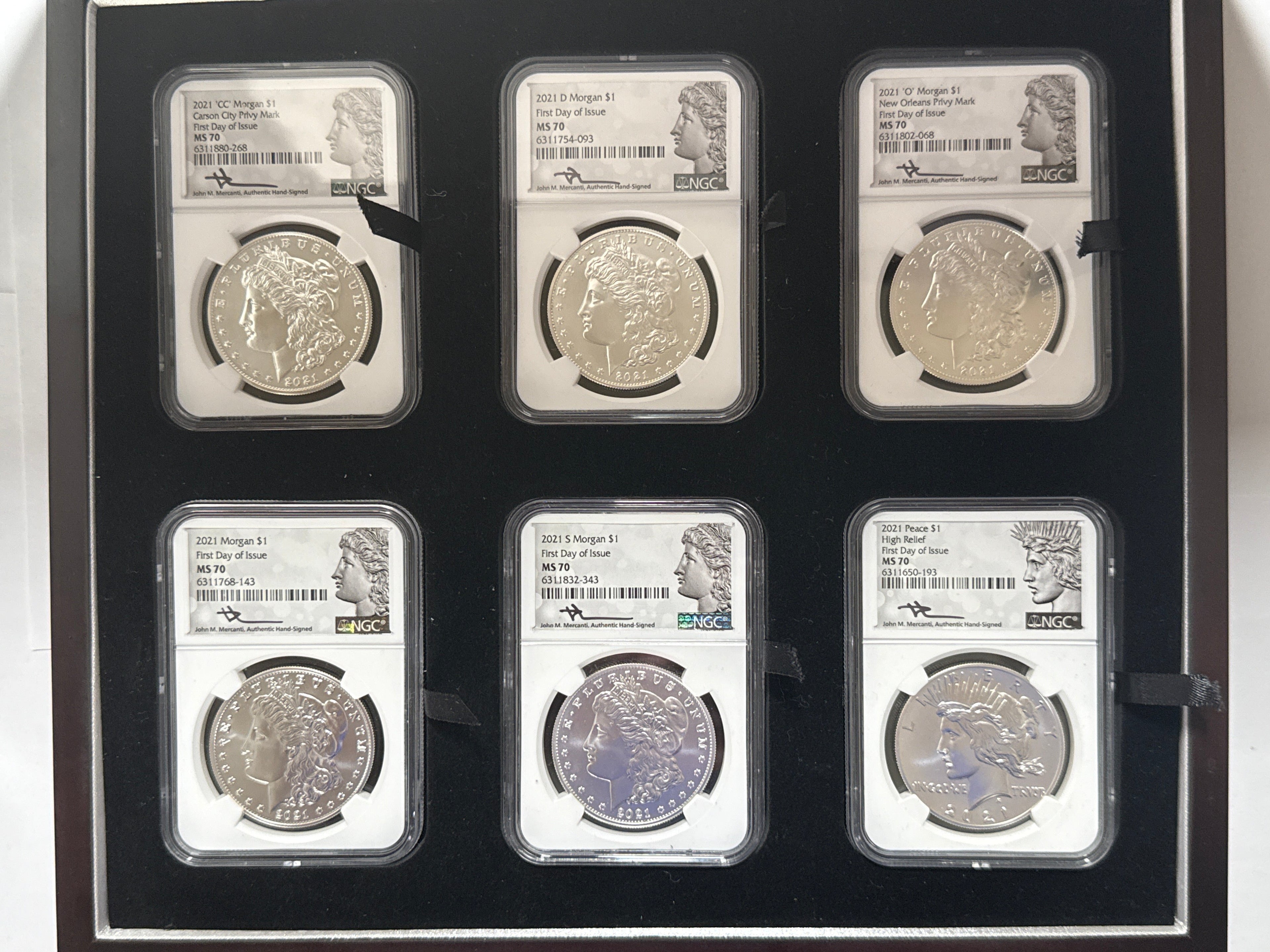 2021-CC/D/O/P/S Morgan/Peace Silver Dollar 6 Piece Set NGC MDS70 FDOI Mercanti Habd Signed