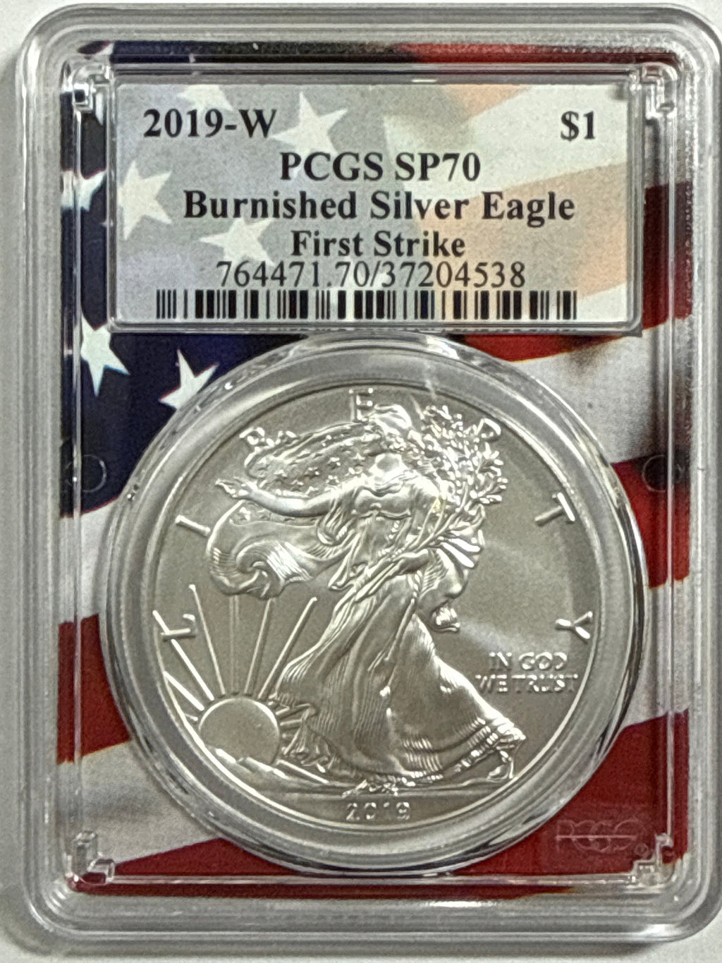 2019-W Burnished American Silver Eagle PCGS SP70 First Strike Flag Label