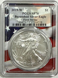 2019-W Burnished American Silver Eagle PCGS SP70 First Strike Flag Label