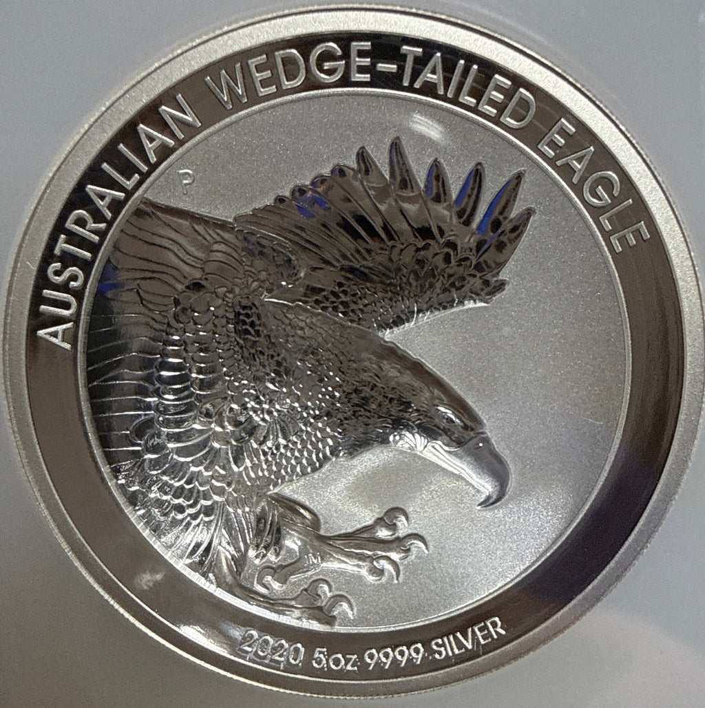 2020P Australia 5 oz $8 Silver Wedge-Tailed Eagle-Incluse NGC High Relief-Incluse PF70 UCAM  Mercanti