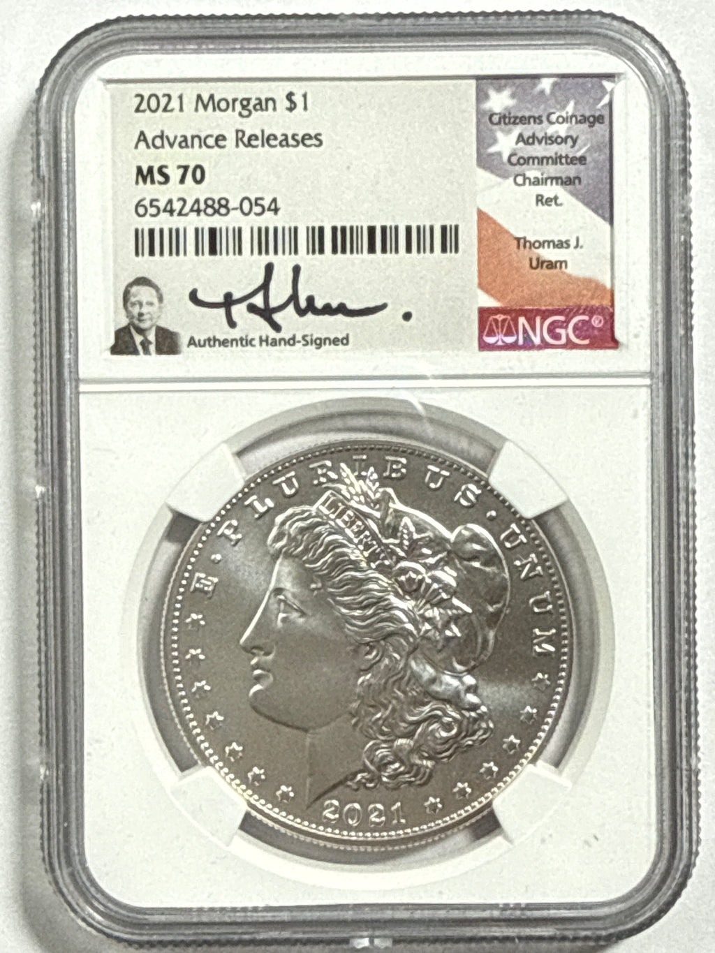 2021-CC/D/O/P/S Morgan/Peace Silver Dollar 6 piece set NGC MS70 Advance Release Thomas Uram Hand Signed