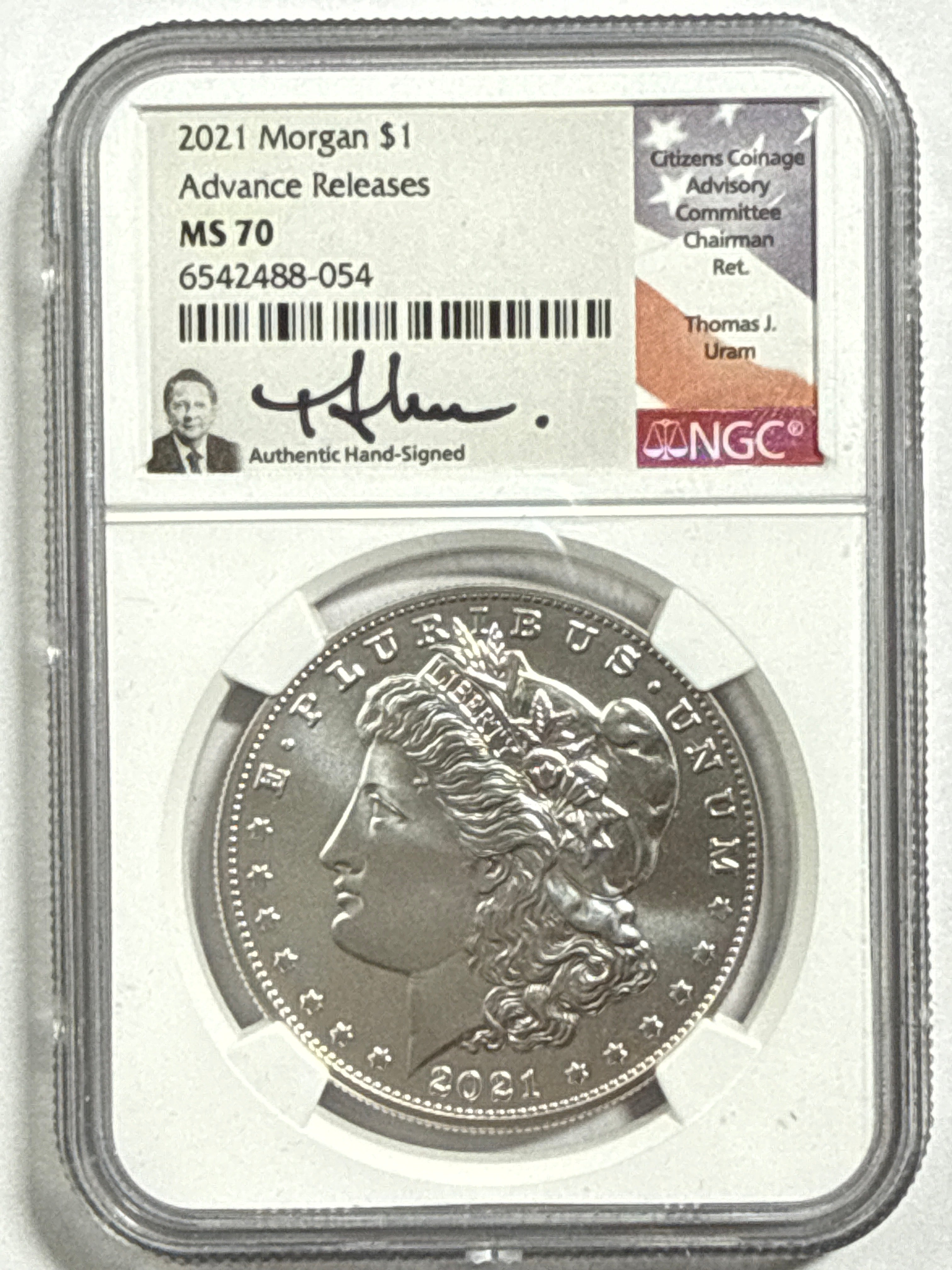 2021-CC/D/O/P/S Morgan/Peace Silver Dollar 6 piece set NGC MS70 Advance Release Thomas Uram Hand Signed