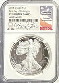 2018-S American Silver Eagle $1 NGC First Day-Washington. PF70 UCAM Mike Castle Hand-Signed.