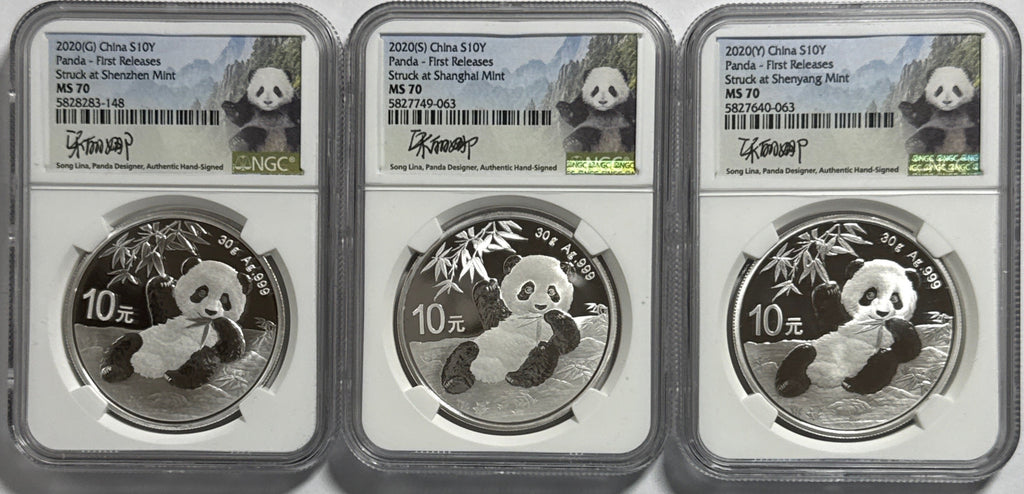 2020 (G/S/Y) China Silver Panda 10 Yuan 3-Coin Box Set NGC First Release MS70 Struck at(Shenzhen/Shanghai/Shenyang Mints) Song Lina