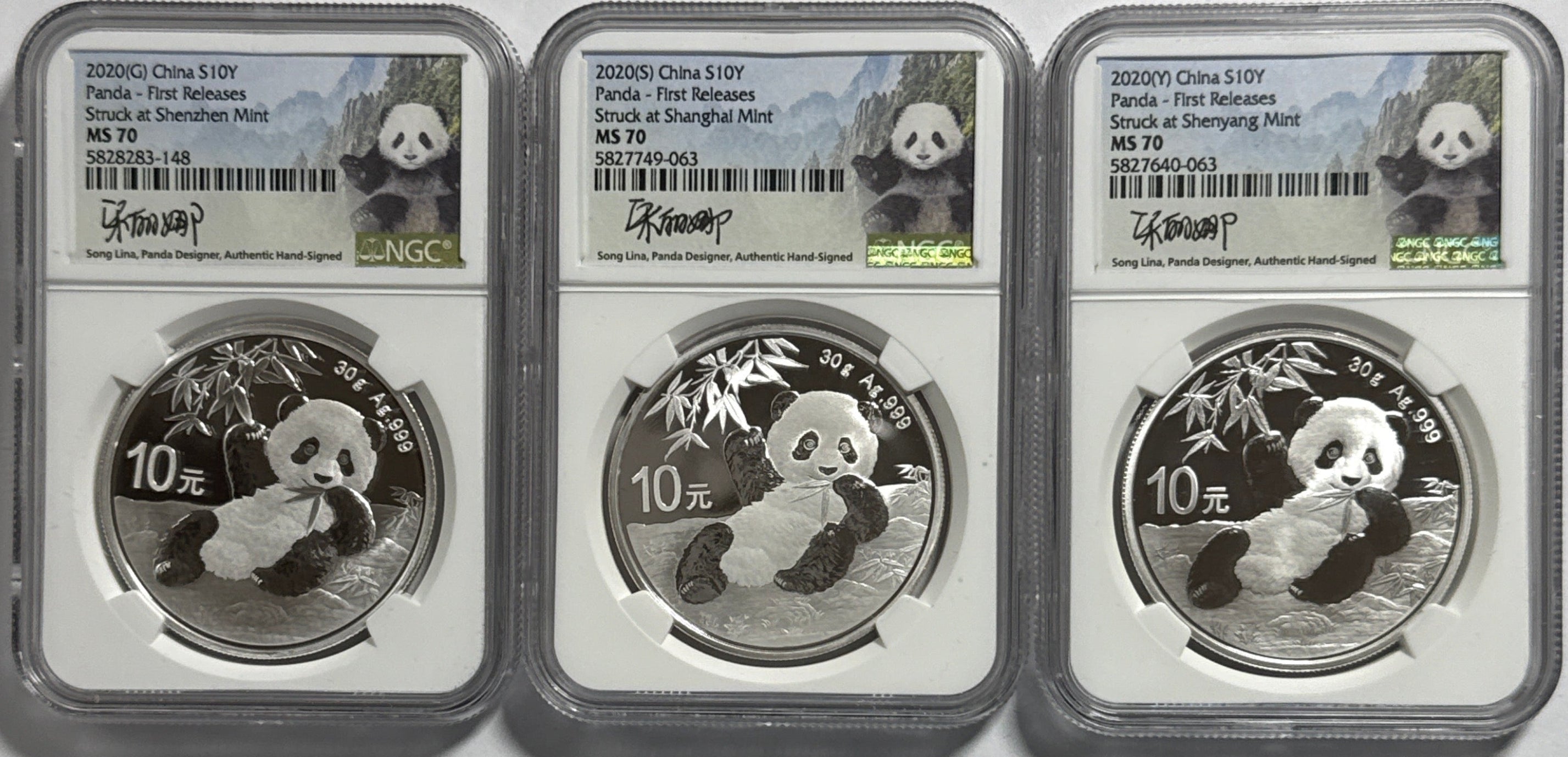 2020 (G/S/Y) China Silver Panda 10 Yuan 3 coin Box Set NGC First Release MS70 Struck at(Shenzhen/Shanghai/Shenyang Mints) Song Lina