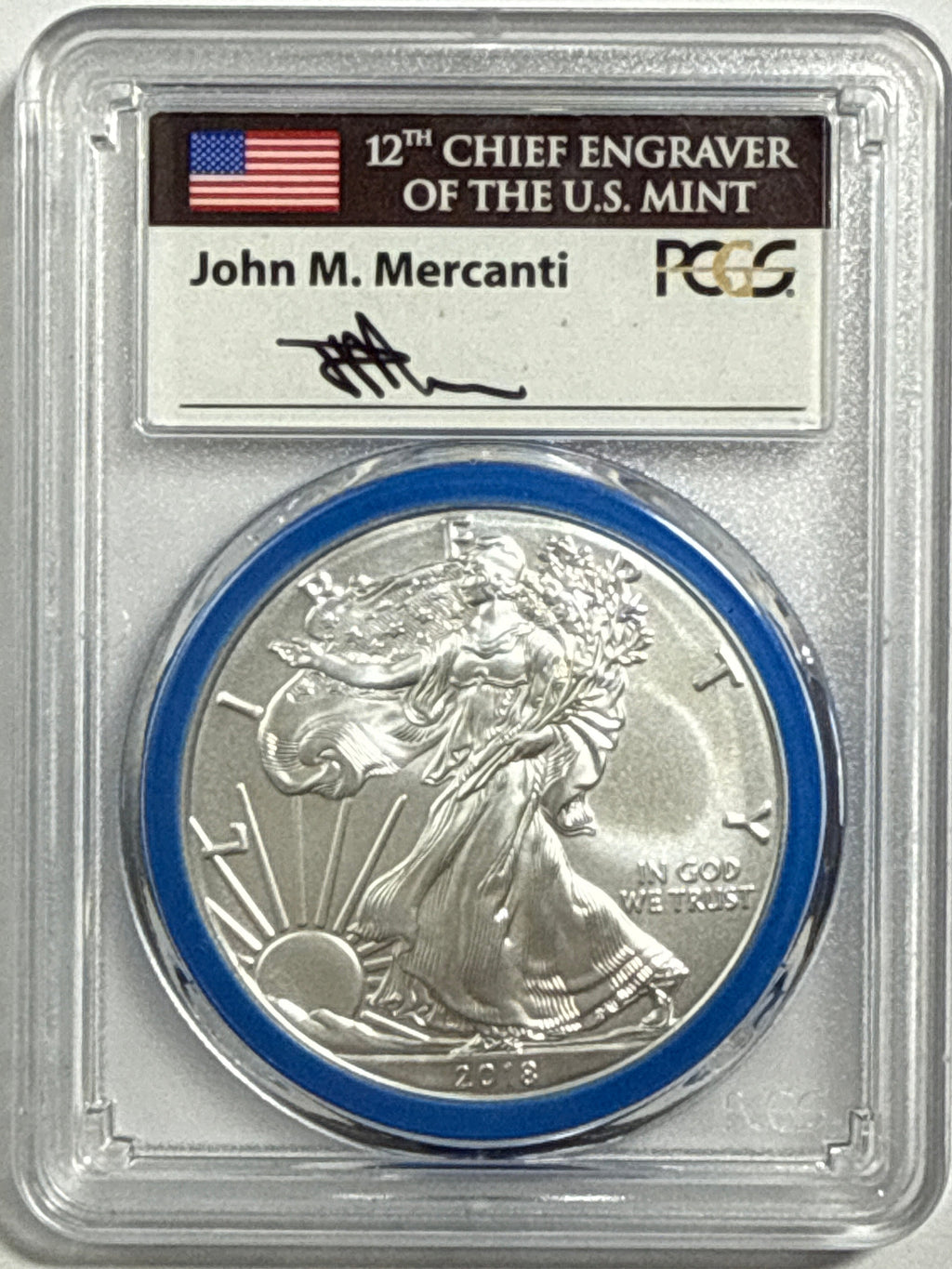 2018-W Burnished American Silver Eagle PCGS SP70 FDOI Mint Engravers Series John Mercanti