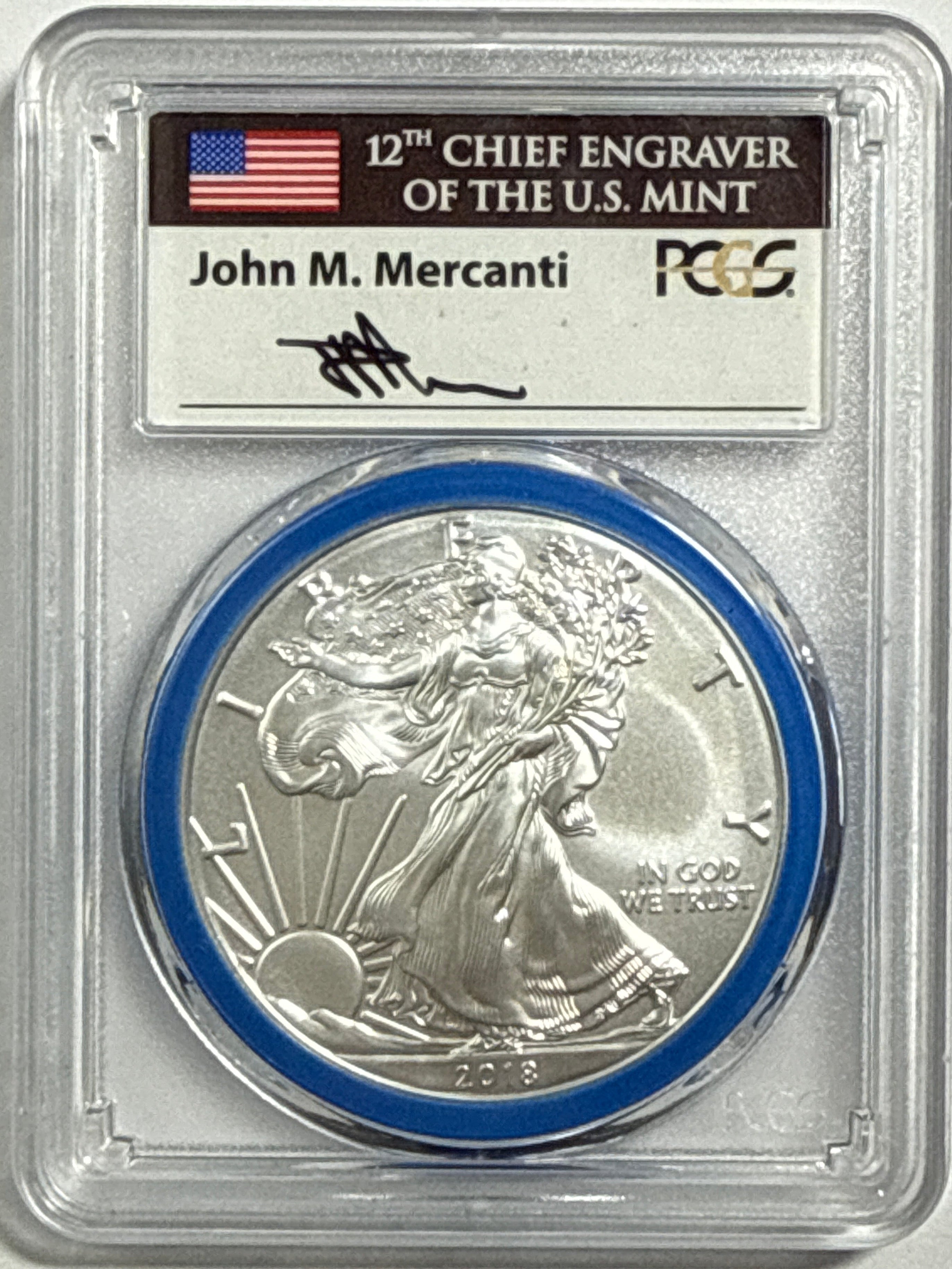 2018-W Burnished American Silver Eagle PCGS SP70 FDOI Mint Engravers Series John Mercanti