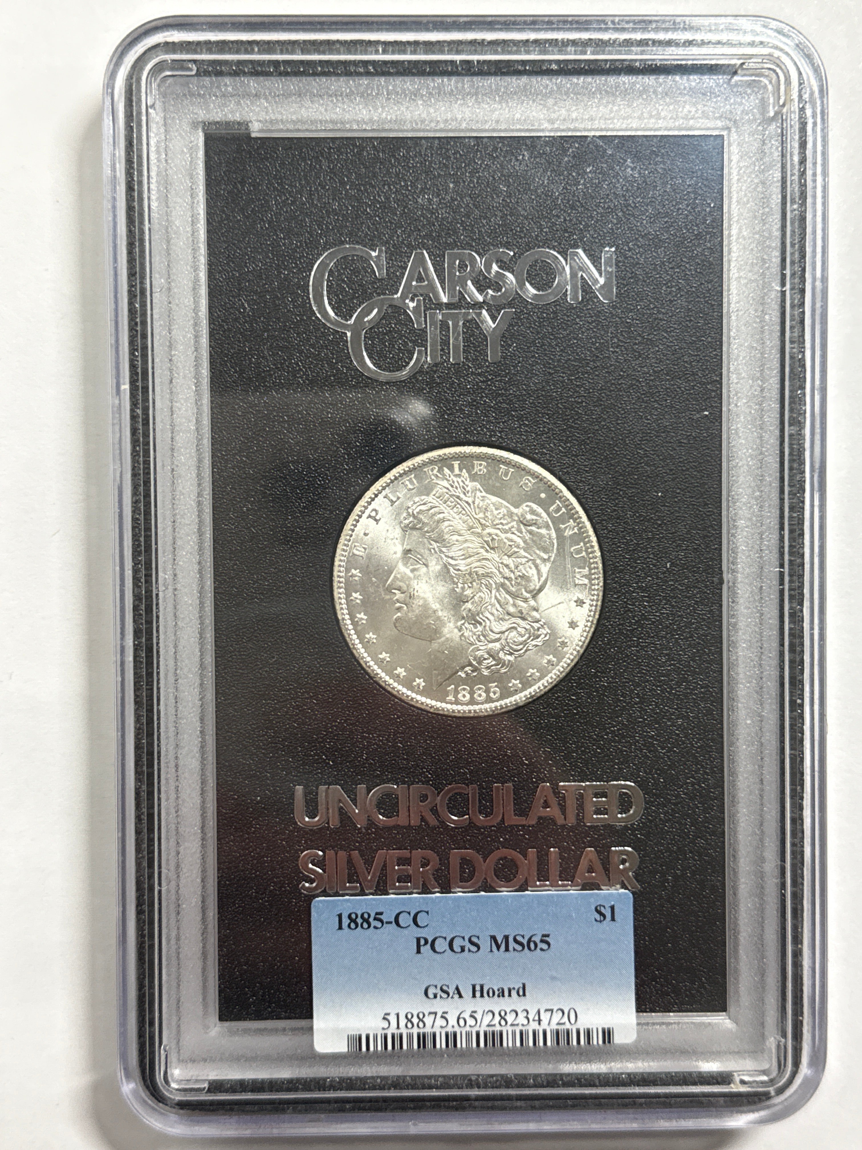 1885-CC $1 Morgan Silver Dollar GSA Hoard Uncirculated PCGS MS65