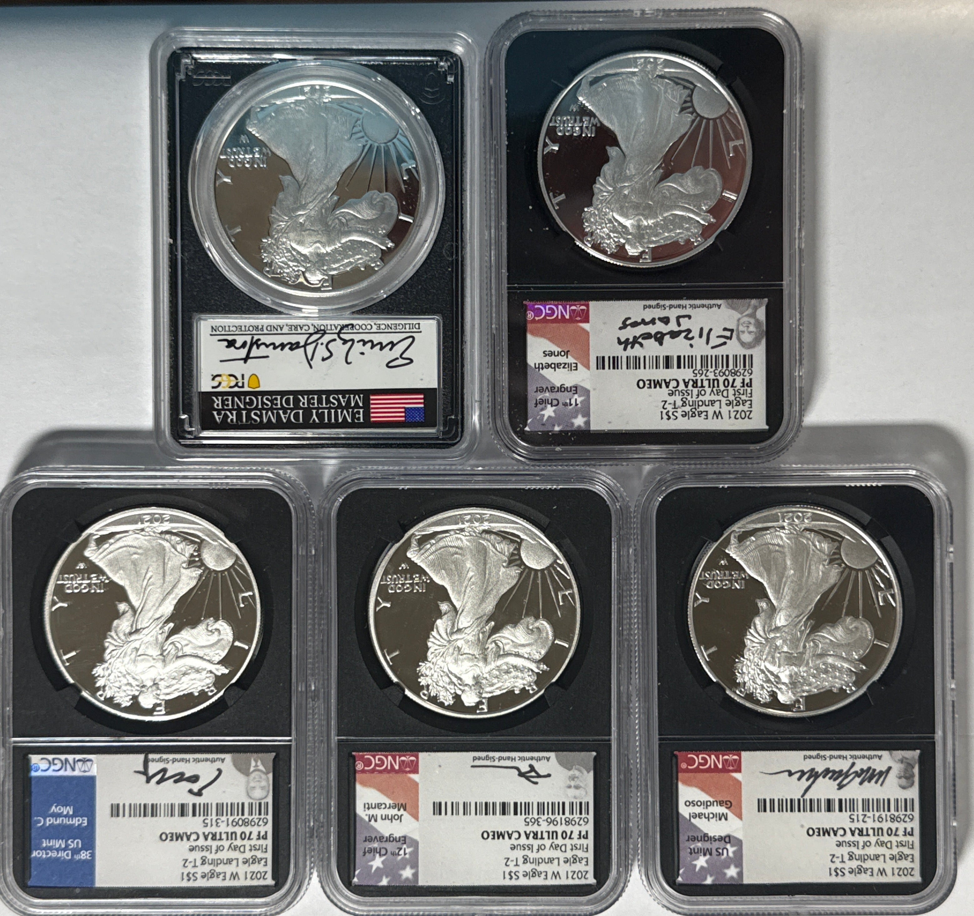 2021-W American Silver Eagle T-2 5 Piece Set NGC FDOI PF70 UCAM Mercanti/Gaudioso/Jones/Moy/Damastra Hand Signed