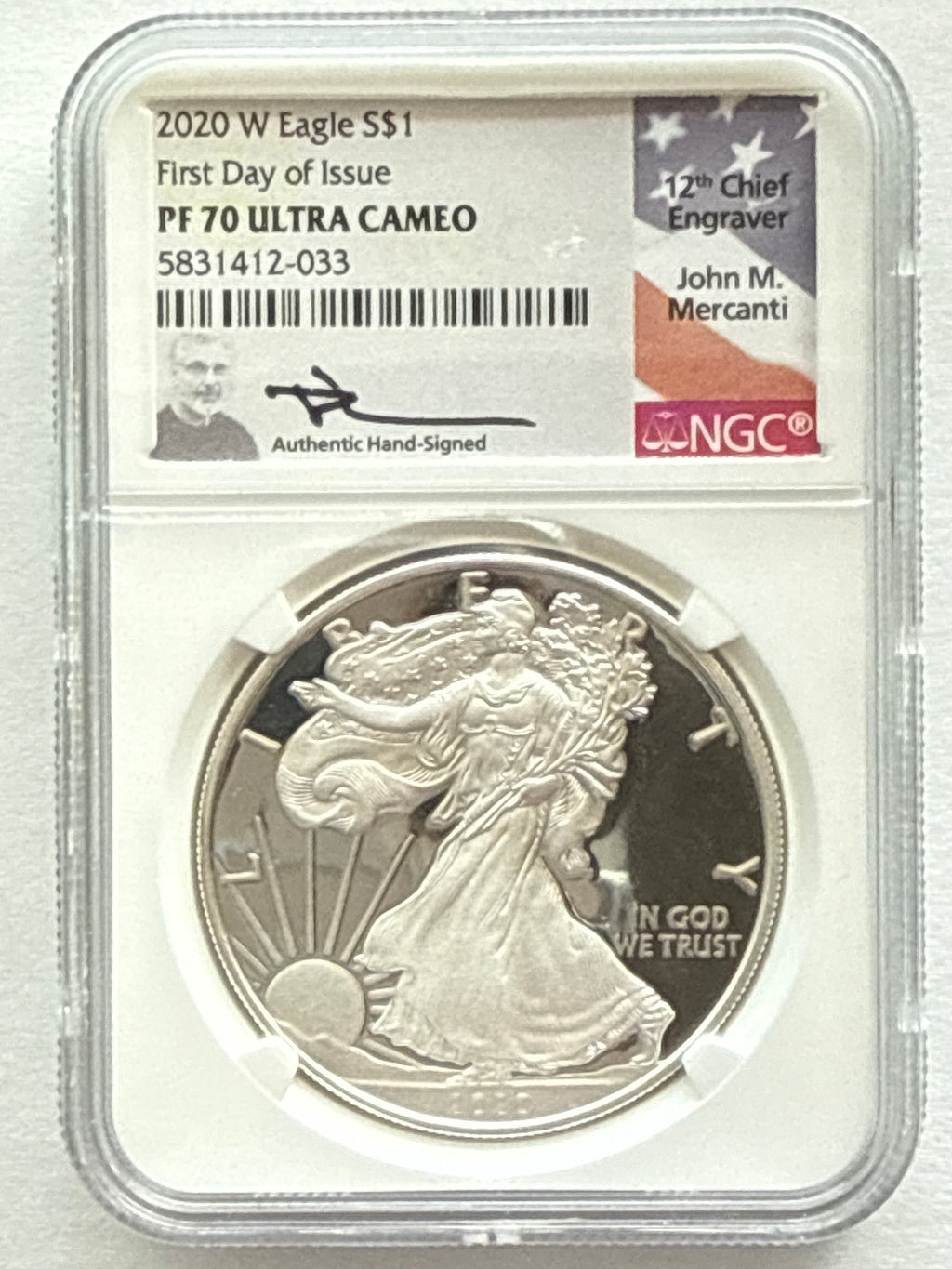 2020-W American Silver Eagle NGC 1 oz PF70 UCAM FDOI J. M. Mercanti hand signed Flag Label