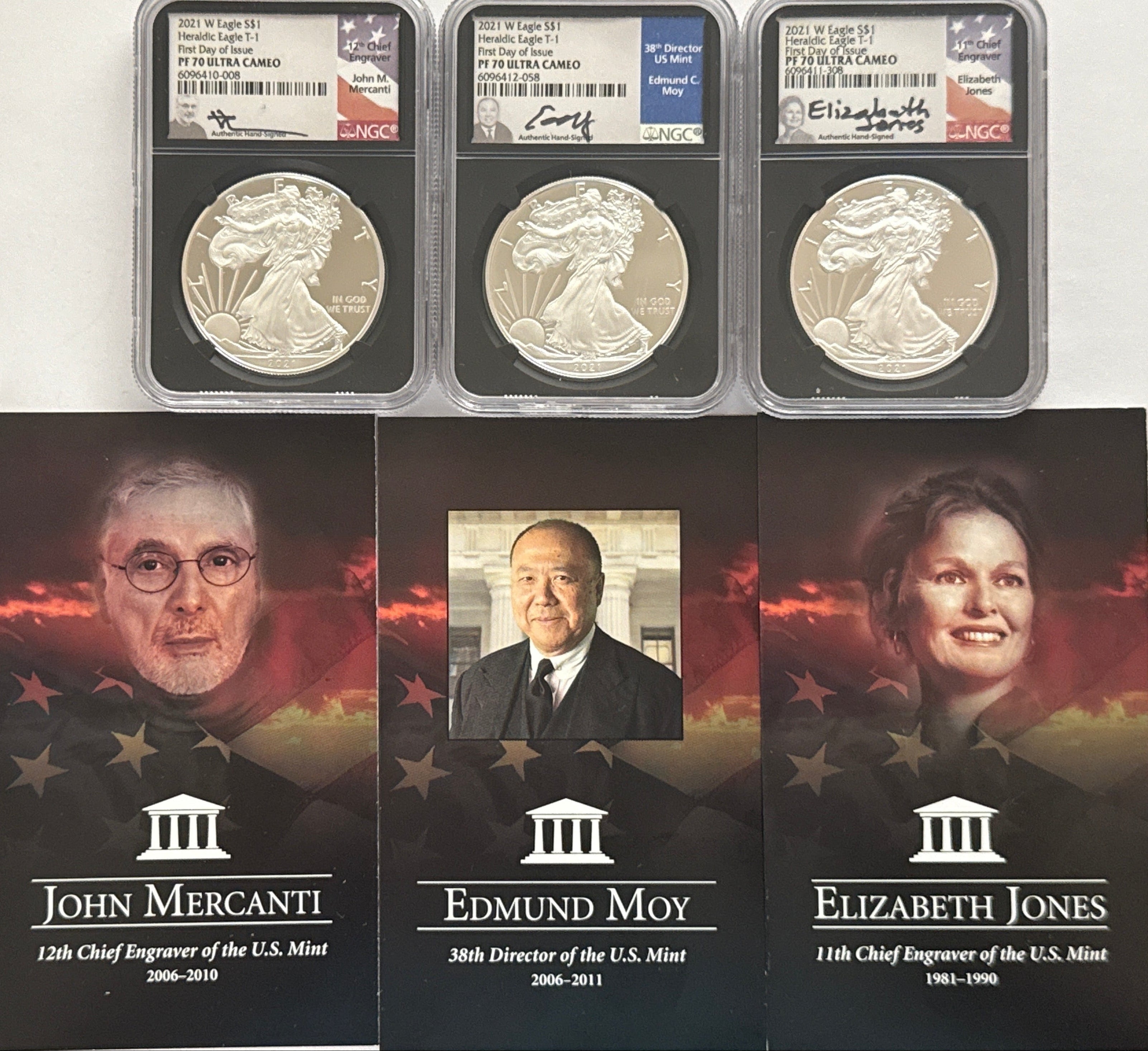 2021-W American Silver Heraldic Eagle T-1 3 Piece Set NGC FDOI PF70 UCAM Mercanti/Jones/Moy Hand Signed