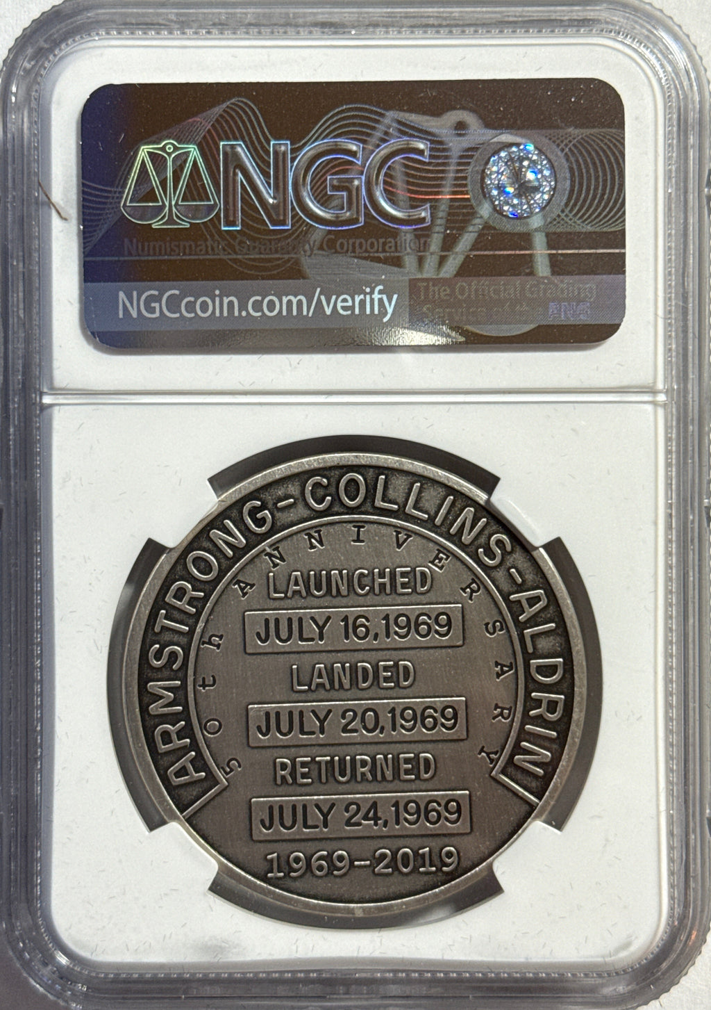 Vintage Vault: 2019 Apollo 11 50th Anniversary Robins Metal Restrike-1 oz Silver Space Flown Material NGC MS70 1-Coin Box COA