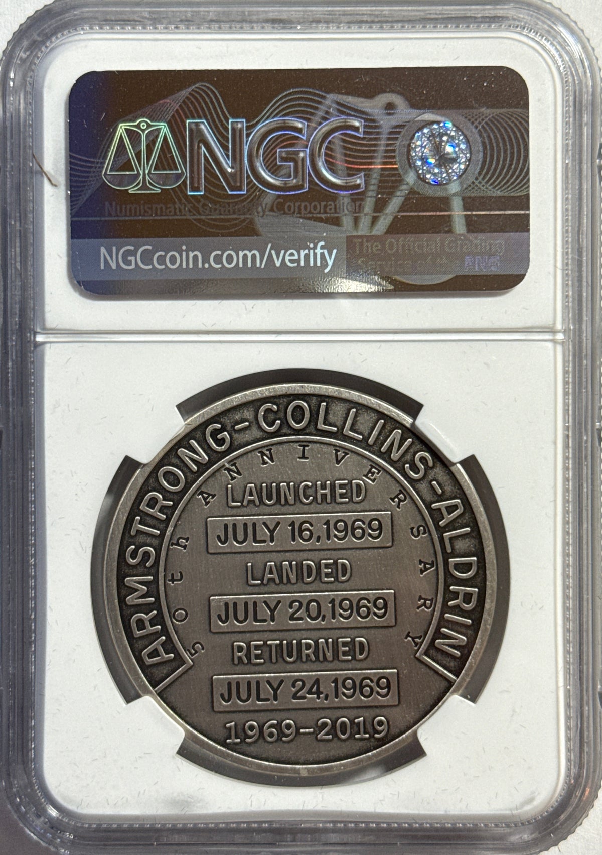 Vintage Vault: 2019 Apollo 11 50th Anniversary Robins Metal Restrike-1 oz Silver Space Flown Material NGC MS70 1-Coin Box COA
