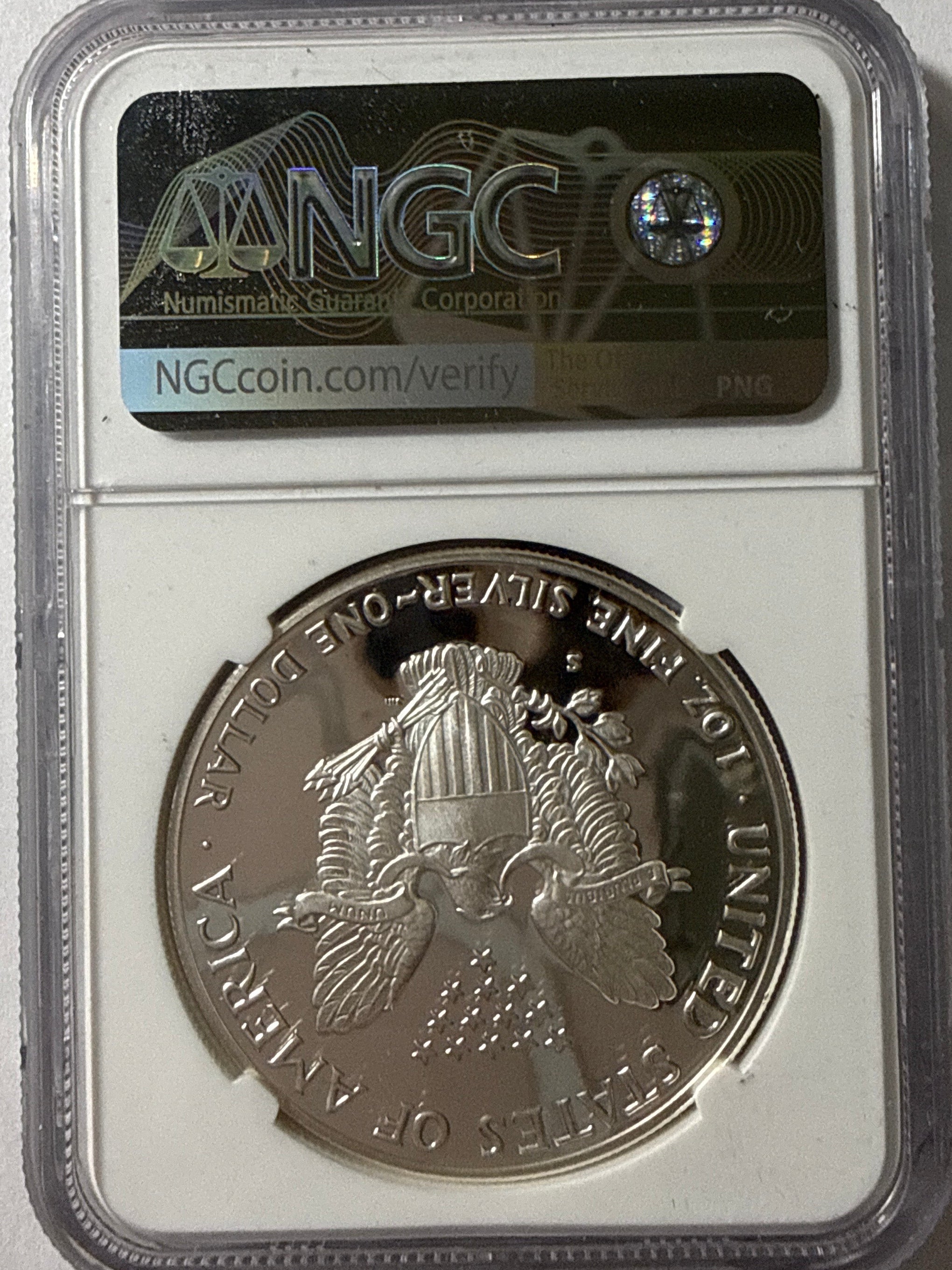 1986-S American Silver Eagle NGC 1 oz PF70 UCAM  J. M. Mercanti hand signed pop #1 Art Label