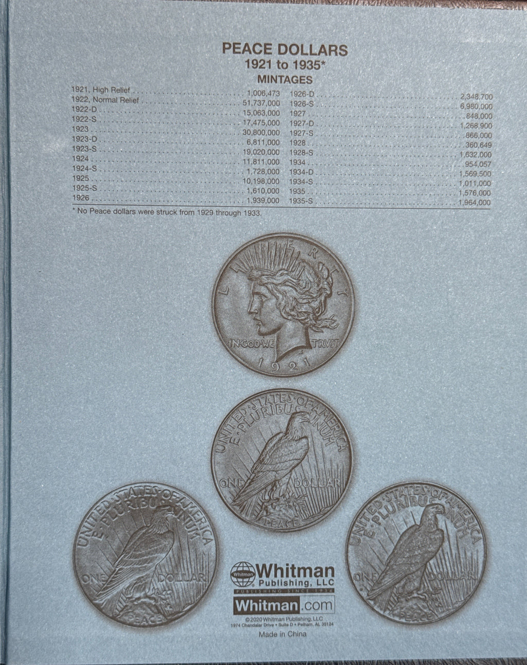 1921-1935-P,D&S American Silver Peace Dollar 24-Coin Set in Whitman Album  Mostly Uncirculated.