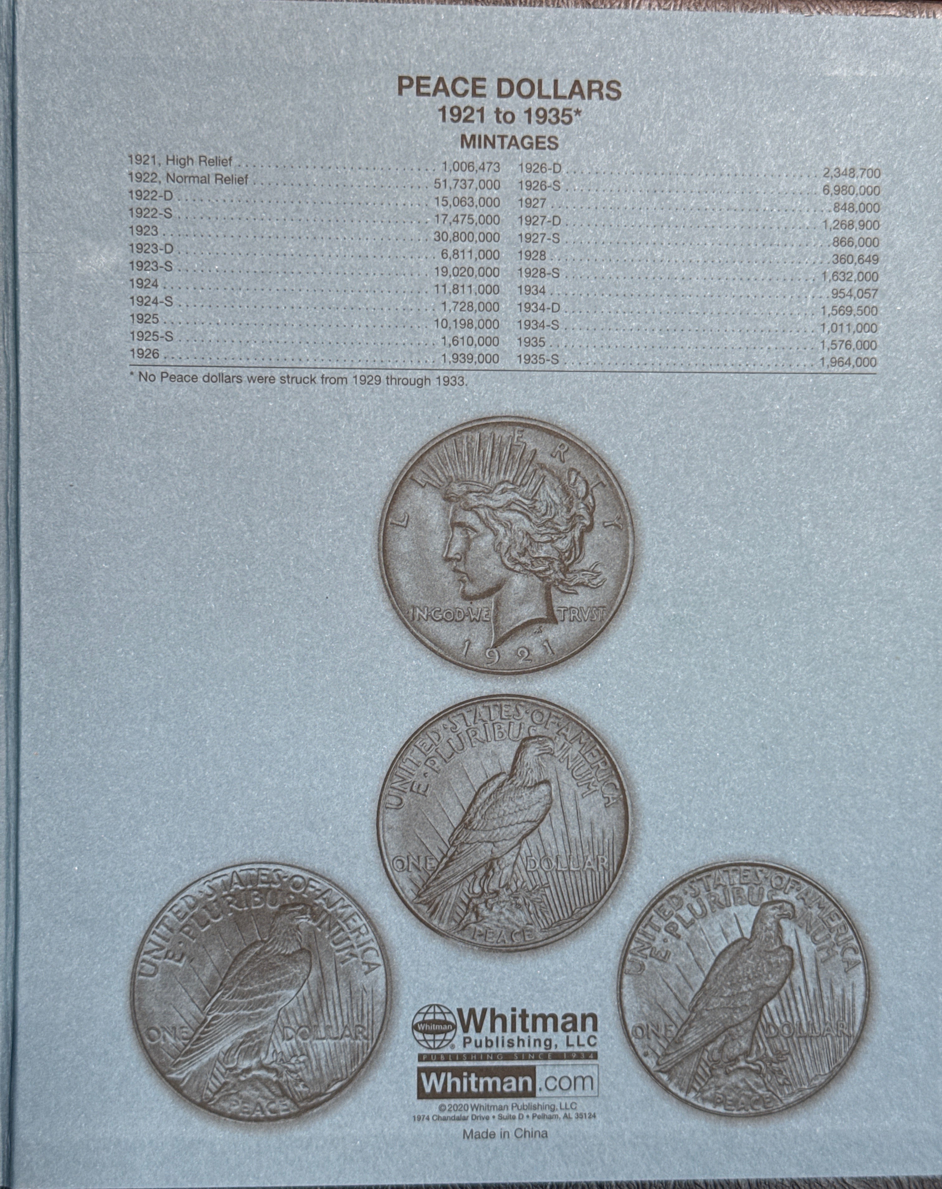 1921-1935-P,D&S American Silver Peace Dollar 24-Coin Set in Whitman Album  Mostly Uncirculated.