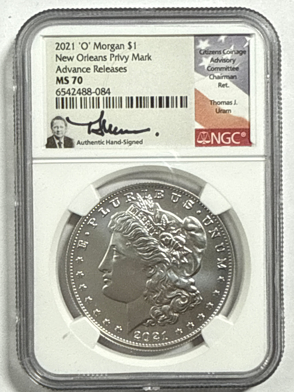 2021-CC/D/O/P/S Morgan/Peace Silver Dollar 6 piece set NGC MS70 Advance Release Thomas Uram Hand Signed
