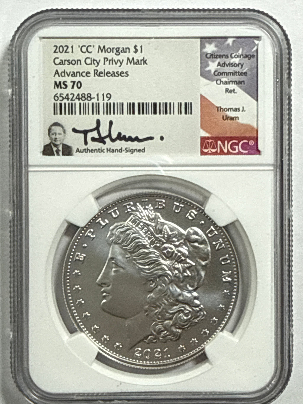 2021-CC/D/O/P/S Morgan/Peace Silver Dollar 6 piece set NGC MS70 Advance Release Thomas Uram Hand Signed