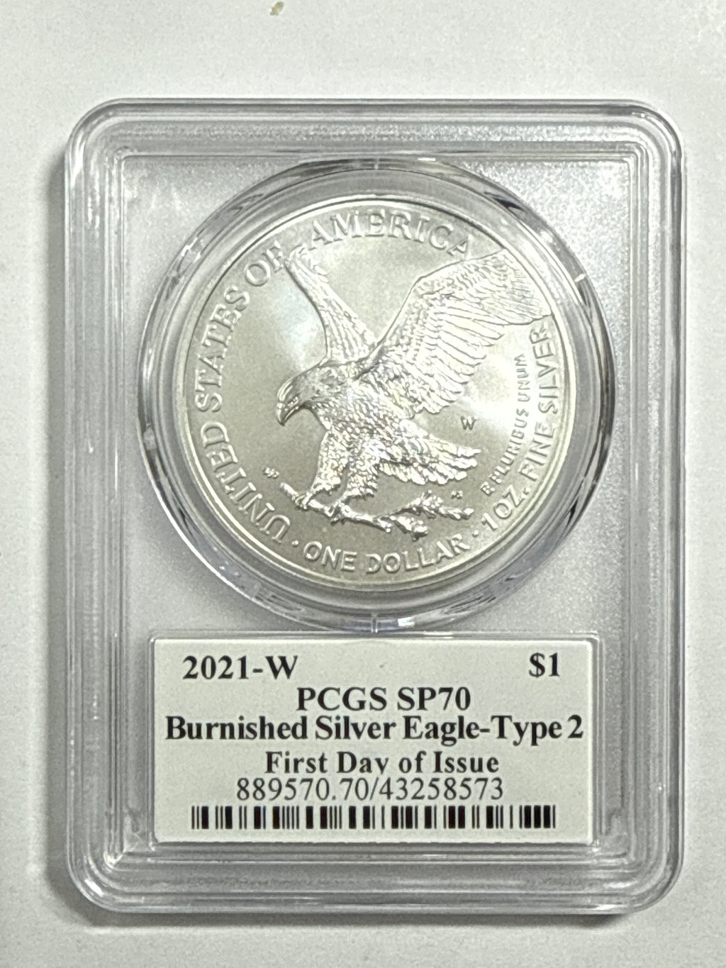 2021-W Burnished Silver Eagle Type 2 PCGS SP70 FDOI Thomas Cleveland