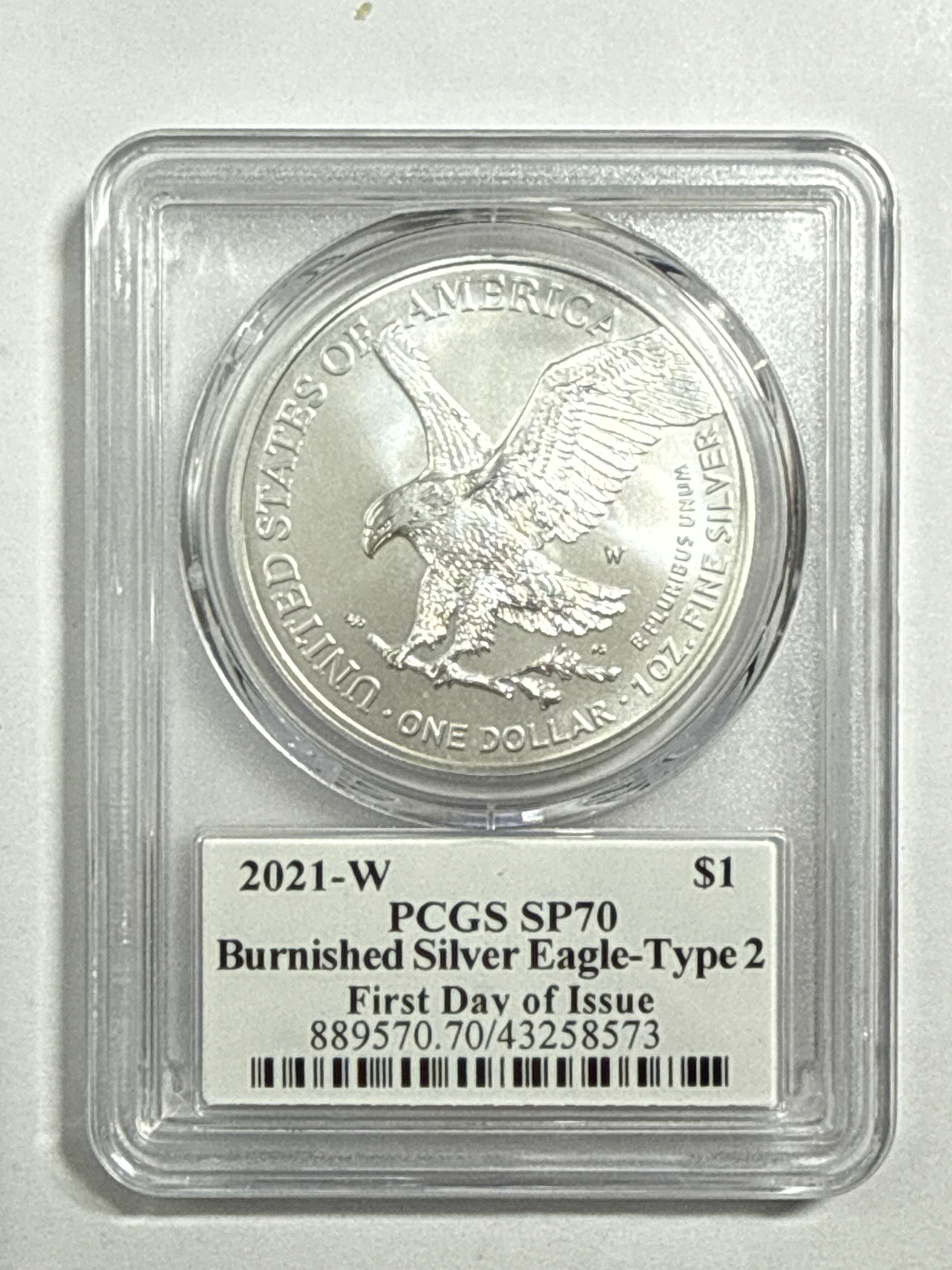 2021-W Burnished Silver Eagle Type 2 PCGS SP70 FDOI Thomas Cleveland