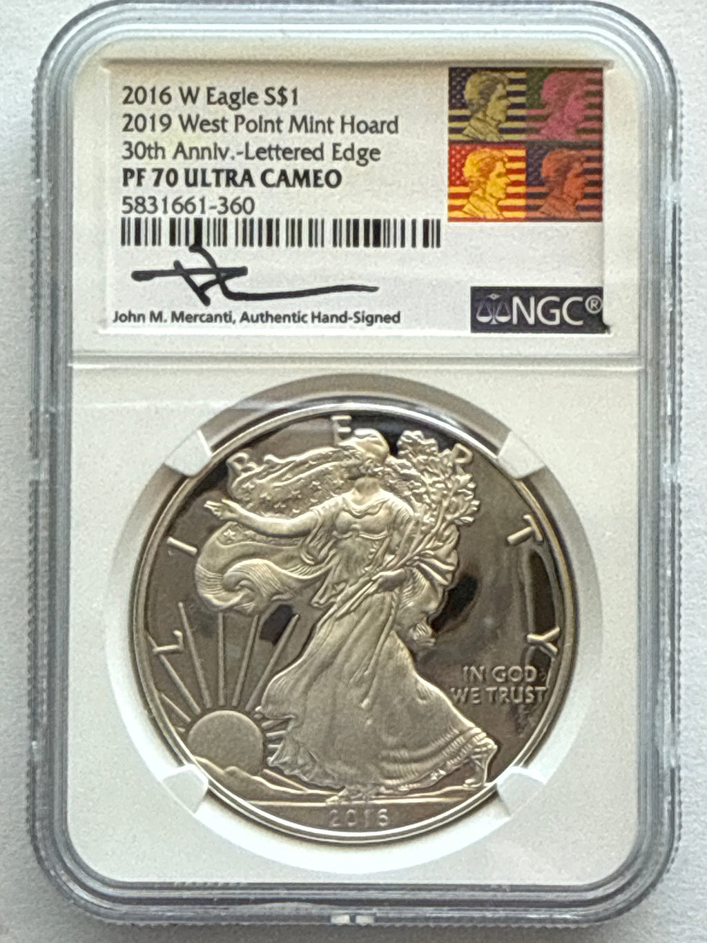 2016-W American Silver Eagle NGC 1 oz PF70 UCAM  J. M. Mercanti hand signed 2019 WP Mint Hoard 30th Anniv LE Art Label