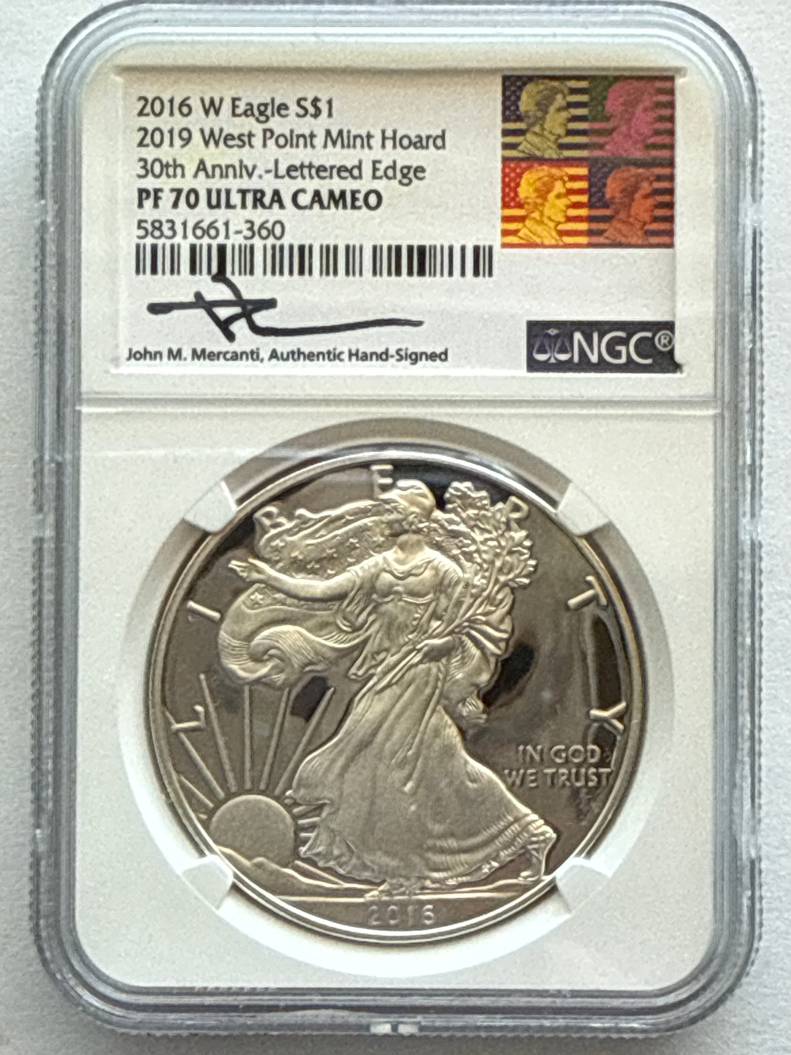 2016-W American Silver Eagle NGC 1 oz PF70 UCAM  J. M. Mercanti hand signed 2019 WP Mint Hoard 30th Anniv LE Art Label