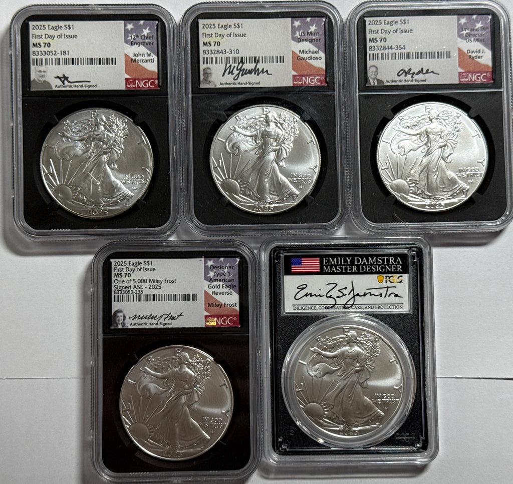 2025 American Silver Eagle 5-Coin Box Set NGC/PCGS FDOI MS70 NMercanti/Gaudioso/Ryder/Frost/Damstra