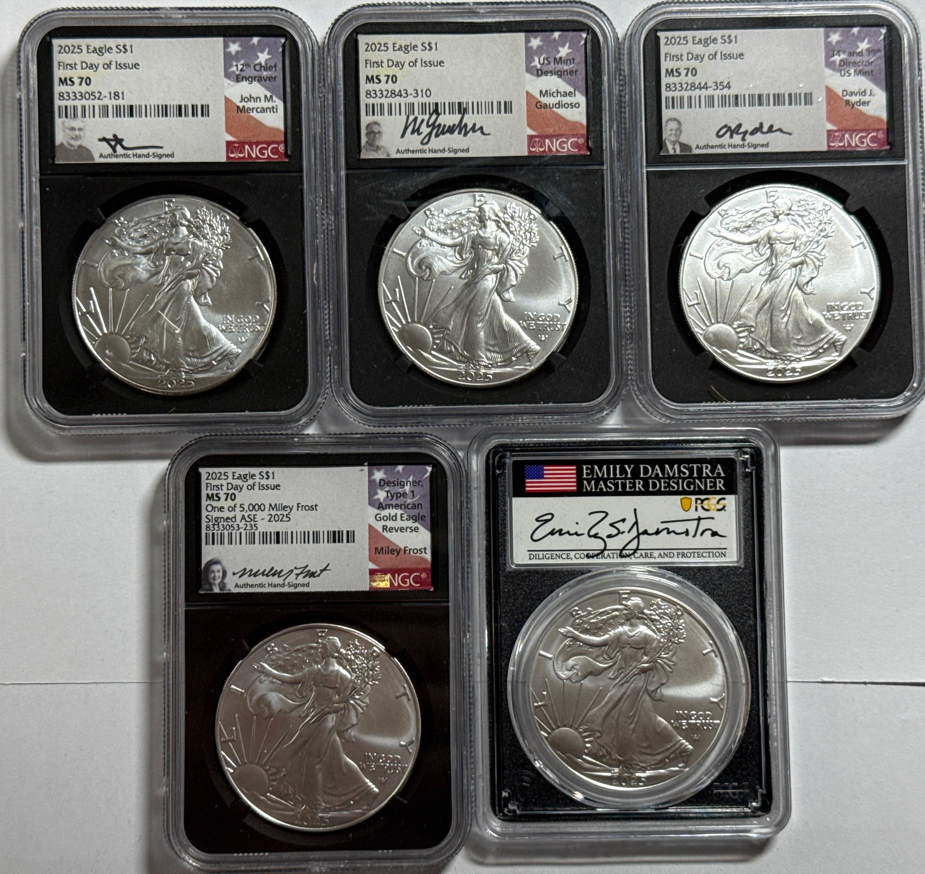 2025 American Silver Eagle 5 Coin Set NGC/PCGS FDOI MS70 NMercanti/Gaudioso/Ryder/Frost/Damstra