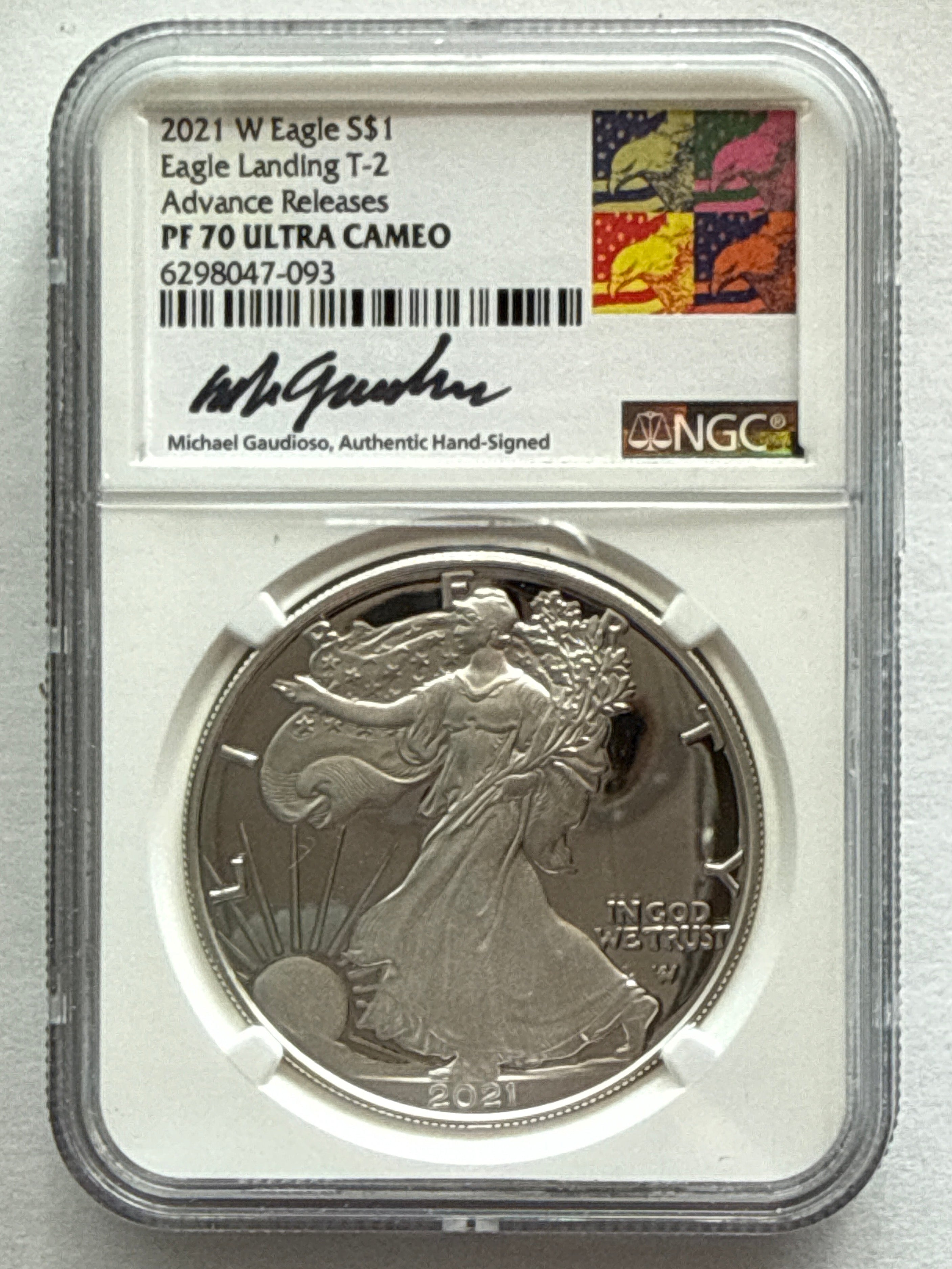 2021-W American Silver Eagle NGC 1 oz PF70 UCAM Advance Release Eagle Landing T-2 M. Gaudioso Art Label