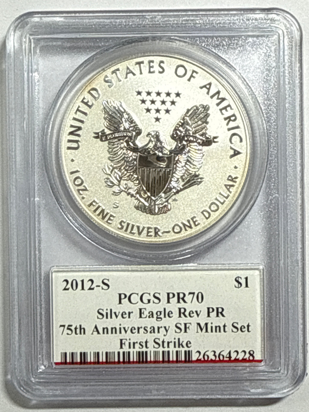 2012-S American Silver Eagle Rev PR PCGS PR70 First Strike 75th Anniv. SF Mint Set Mercanti