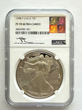 1998-P American Silver Eagle NGC 1 oz PF70 UCAM  J. M. Mercanti hand signed Art Label