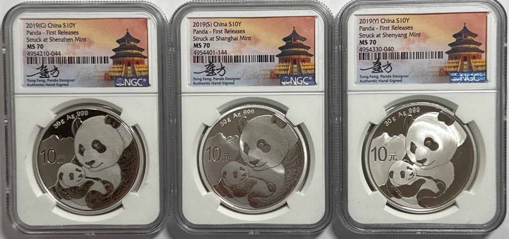 2019 (G/S/Y) China Silver Panda 10 Yuan 3 Coin Box Set NGC First Release MS70 Struck at(Shenzhen/Shanghai/Shenyang Mints) Tong Fang