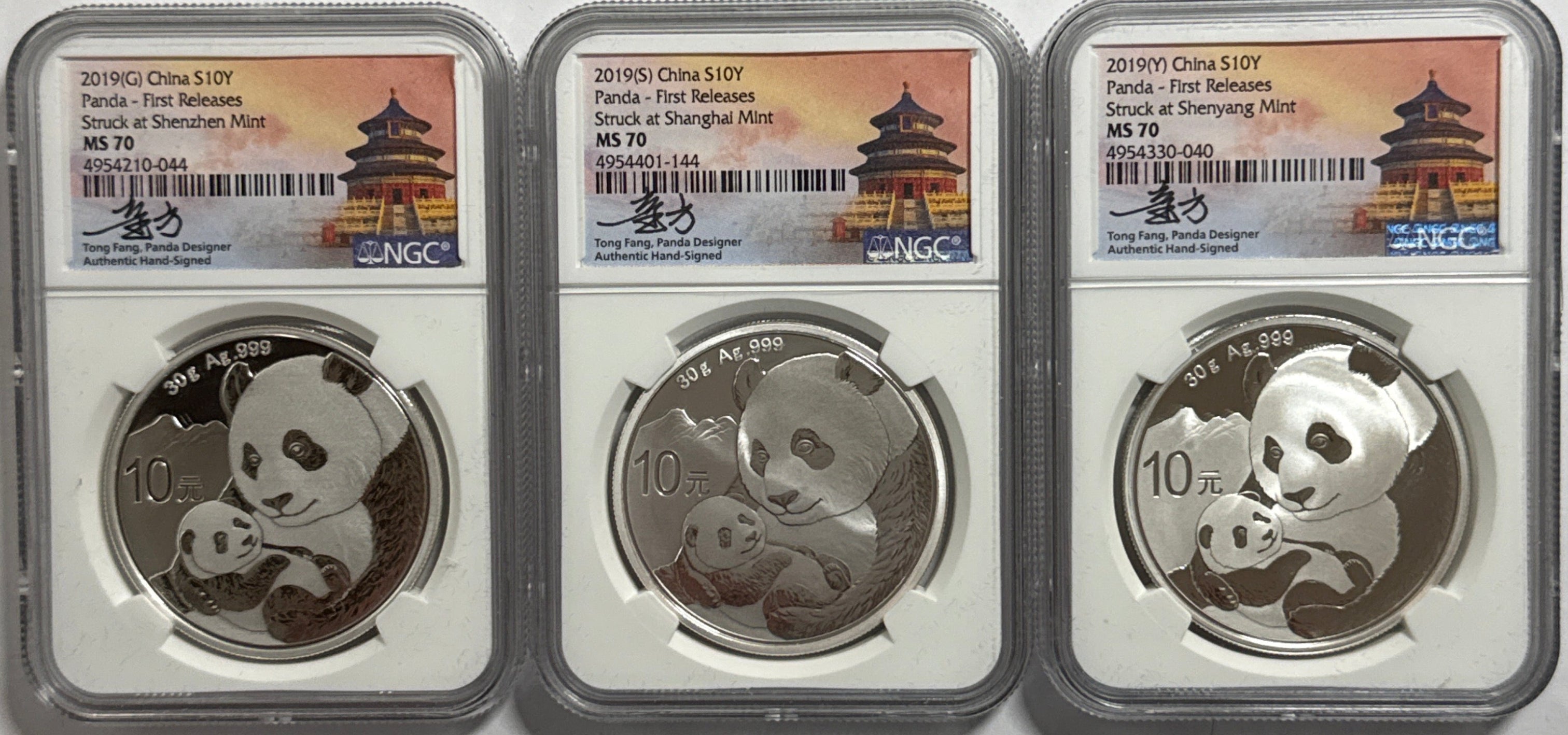 2019 (G/S/Y) China Silver Panda 10 Yuan 3 Coin Box Set NGC First Release MS70 Struck at(Shenzhen/Shanghai/Shenyang Mints) Tong Fang