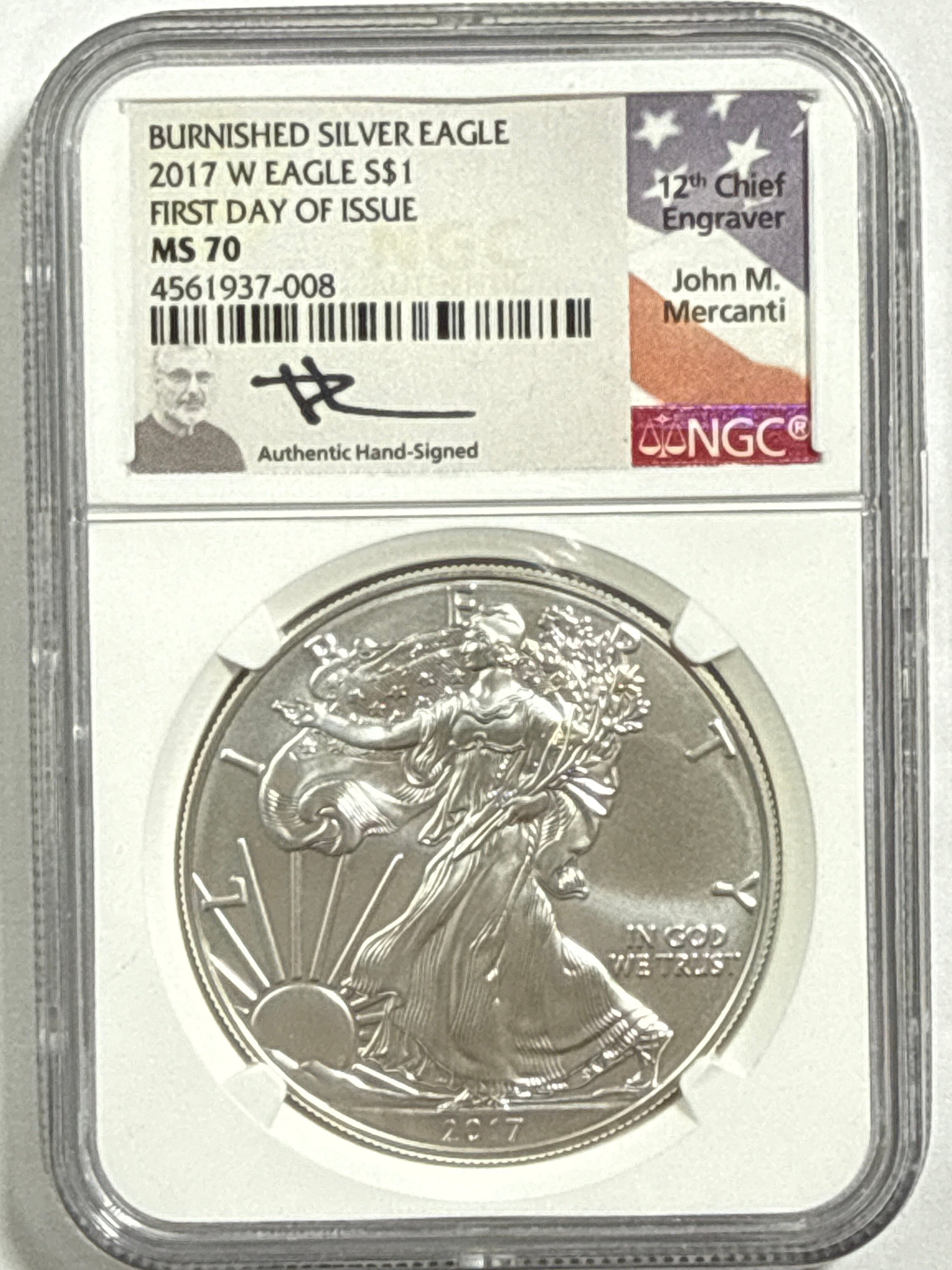 2017-W Burnished American Silver Eagle NGC MS70 FDOI FL John Mercanti Hand Signed