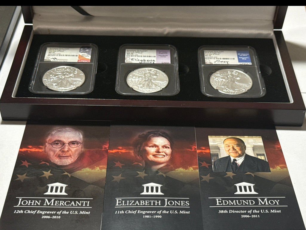 2019-W Burnished American Silver Eagle 3 Piece Set NGC MS70 FDOI Mercanti/Jones/Moy with display box