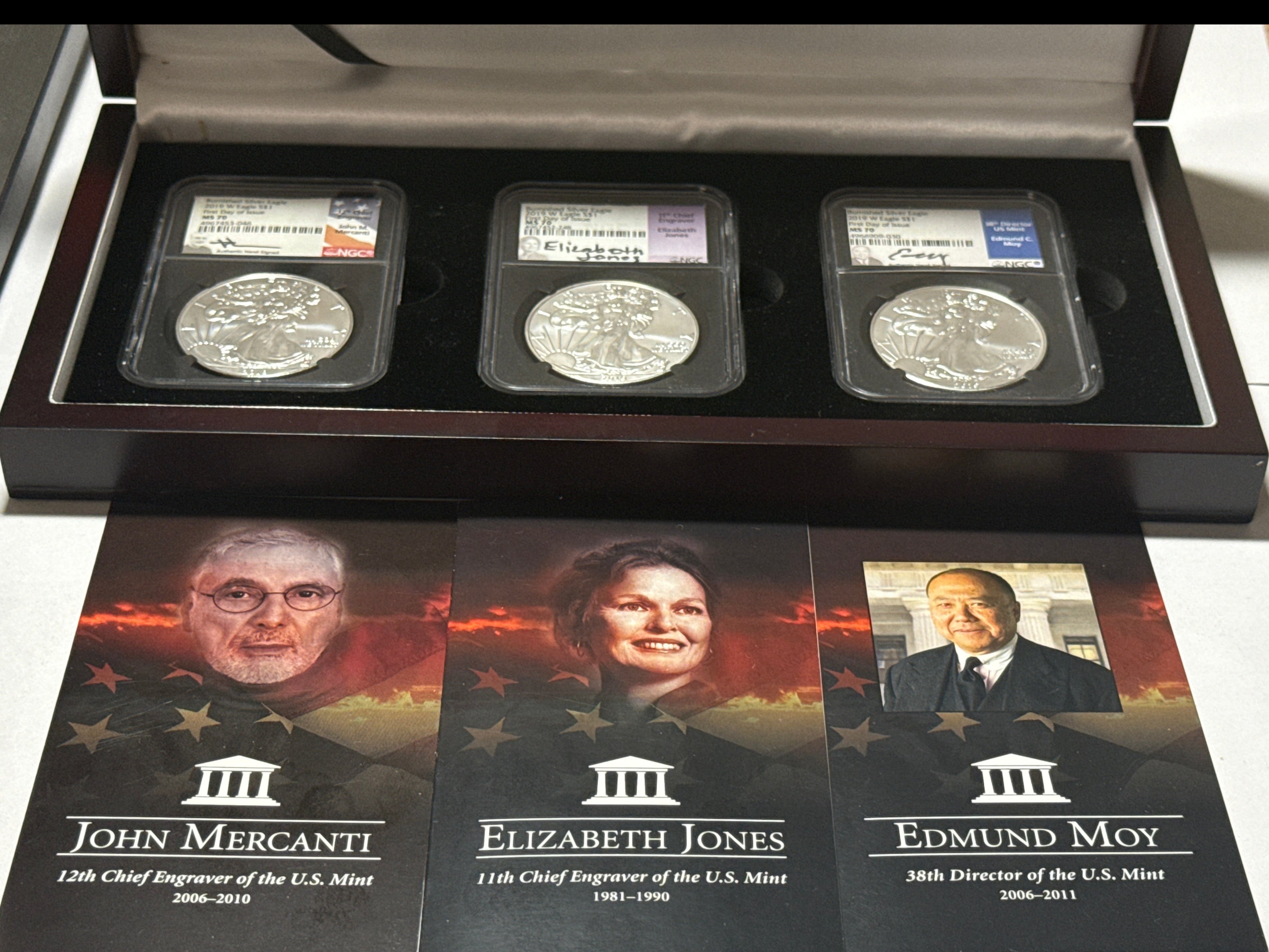 2019-W Burnished American Silver Eagle 3 Piece Set NGC MS70 FDOI Mercanti/Jones/Moy with display box