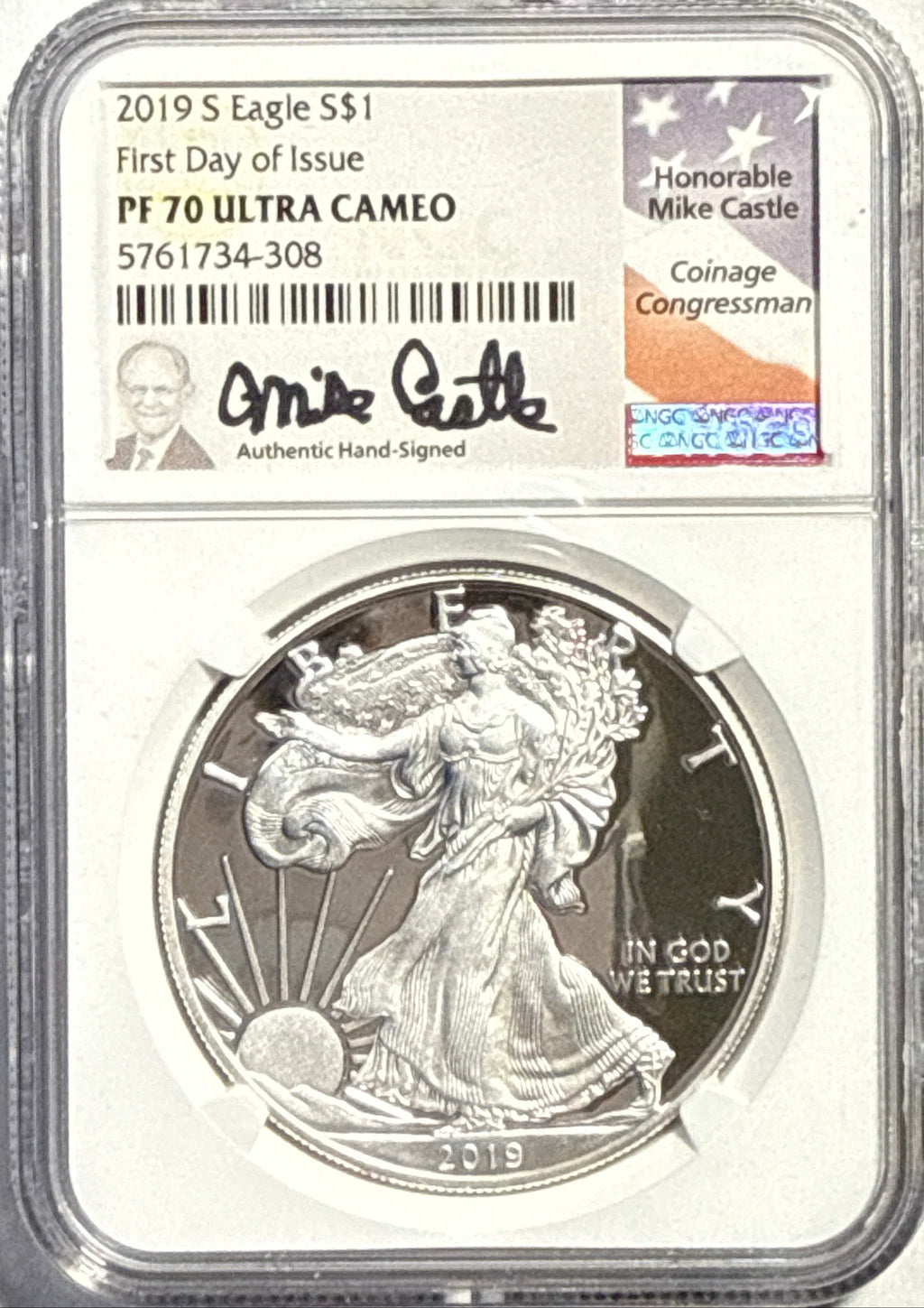 2019-S American Silver Eagle $1 NGC FDI PF70 UCAM Mike Castle Hand-Signed